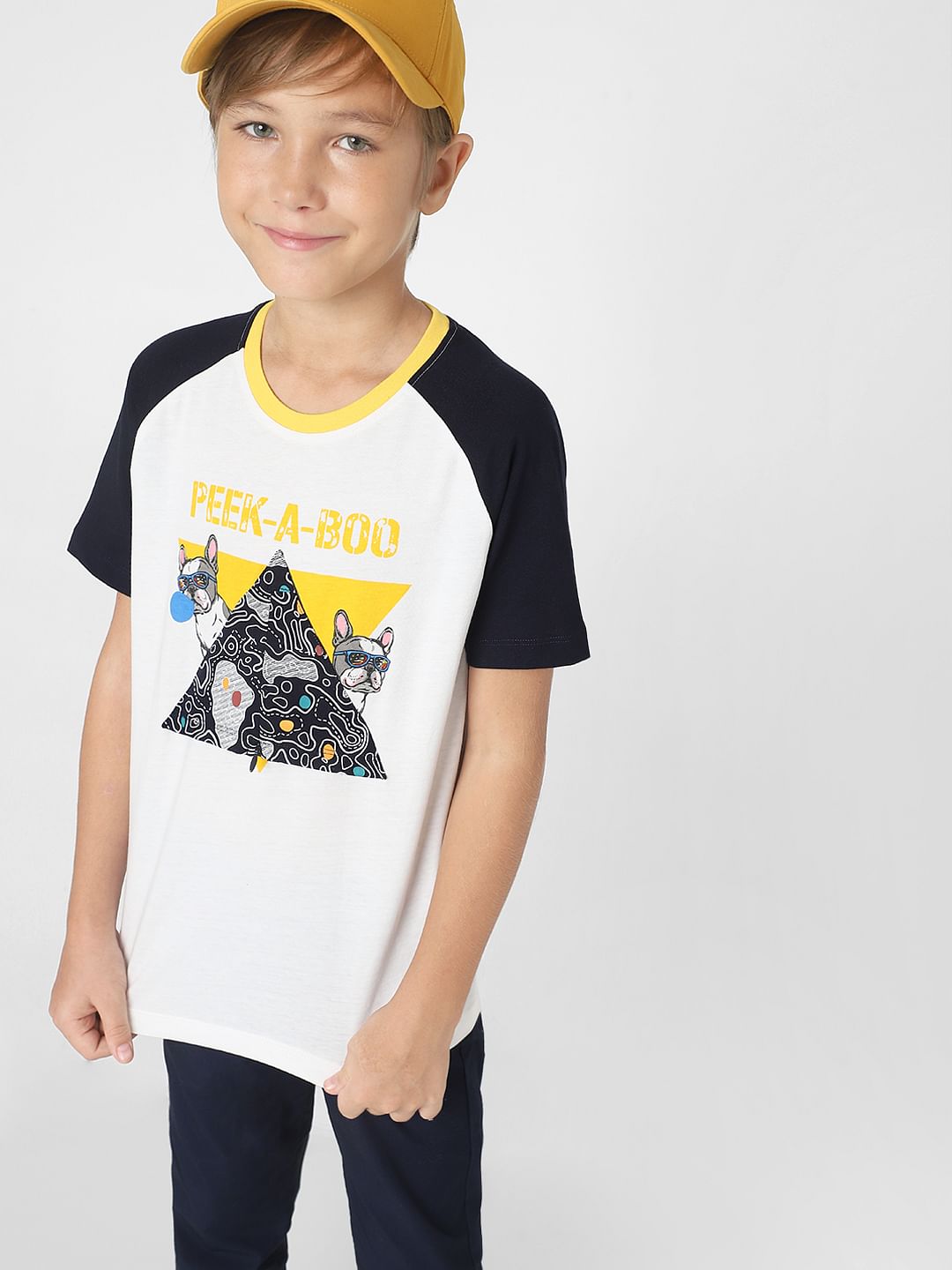 Boys White Colourblocked Crew Neck T-shirt