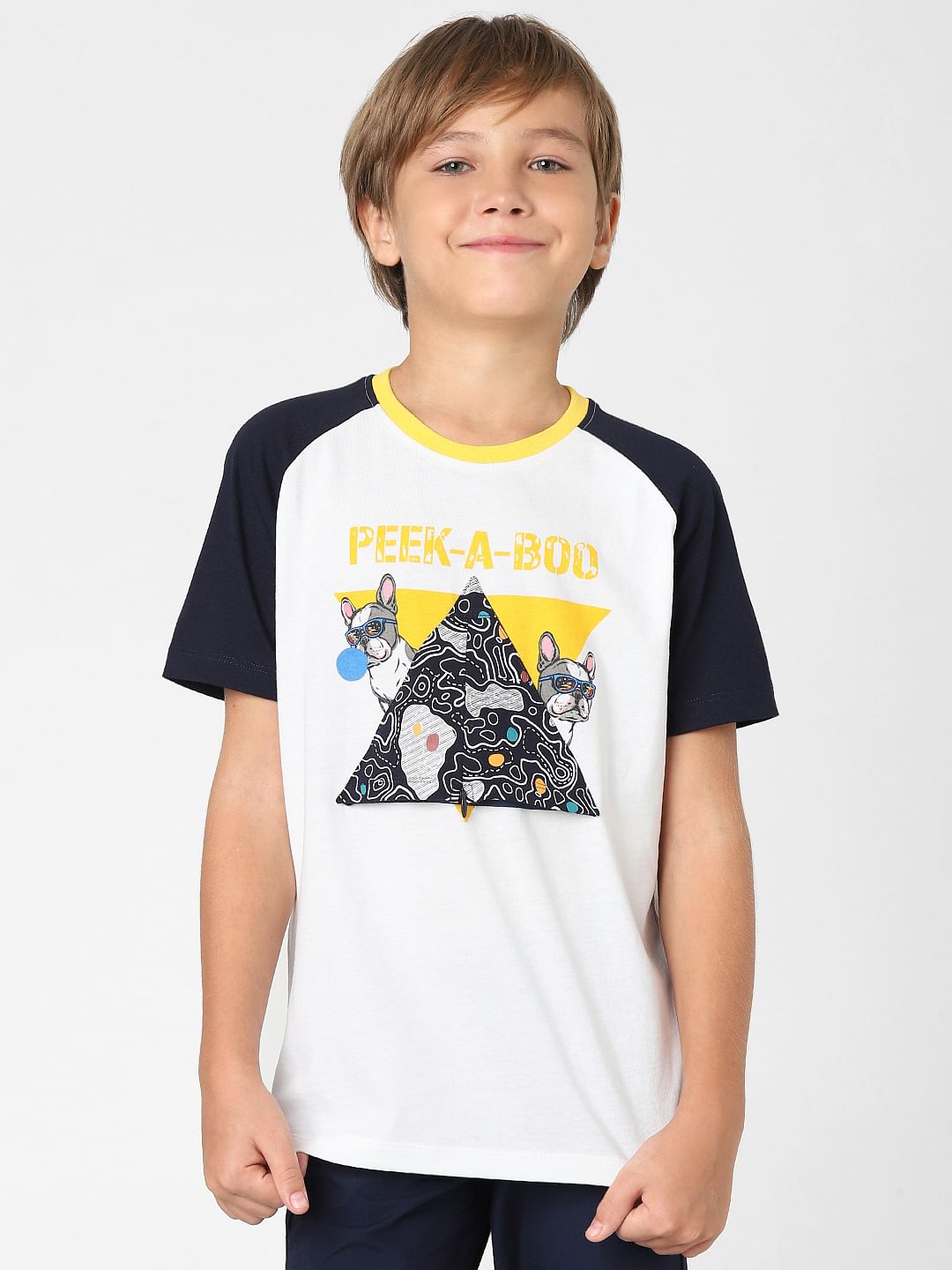 Boys White Colourblocked Crew Neck T-shirt