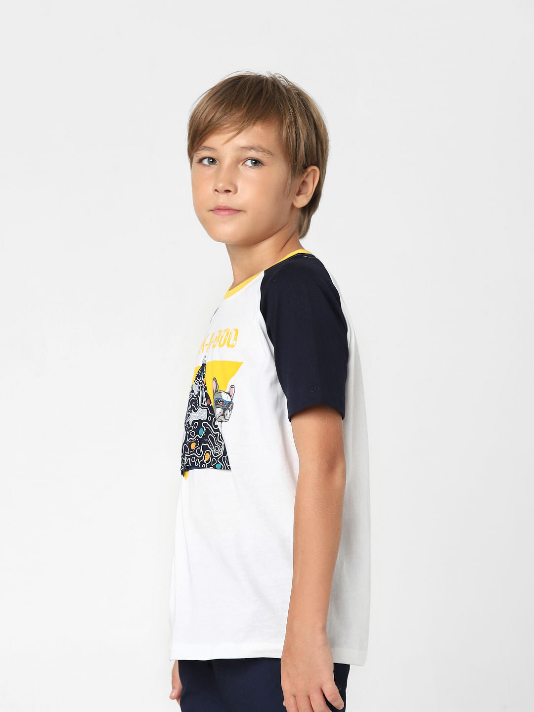 Boys White Colourblocked Crew Neck T-shirt
