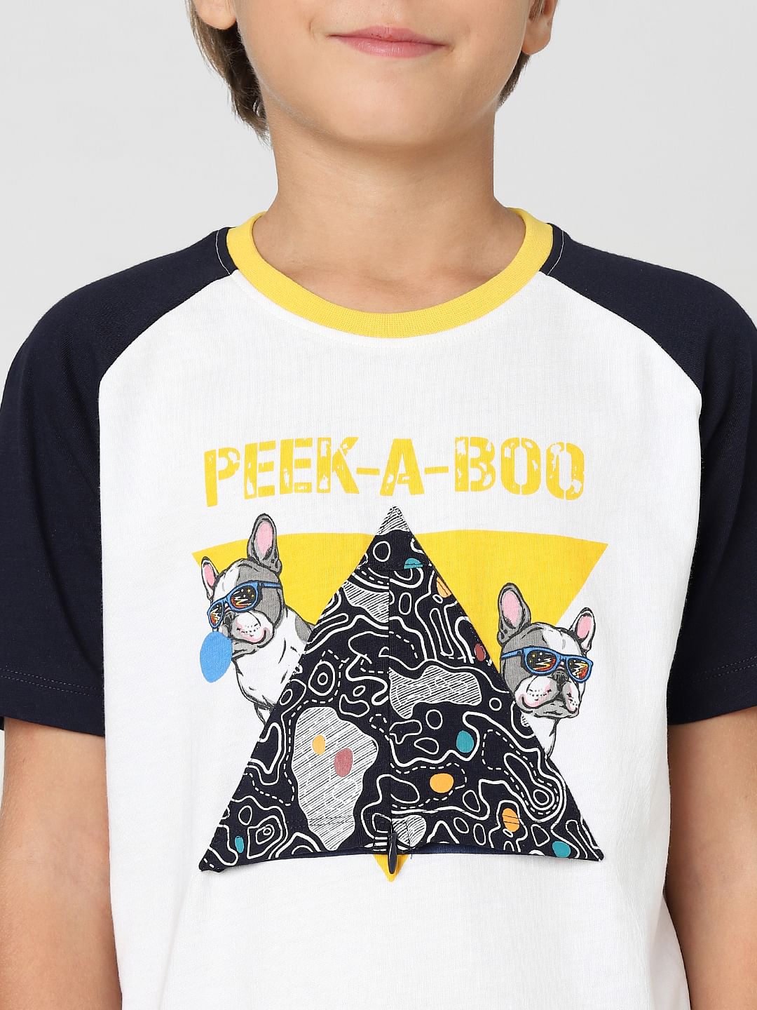 Boys White Colourblocked Crew Neck T-shirt