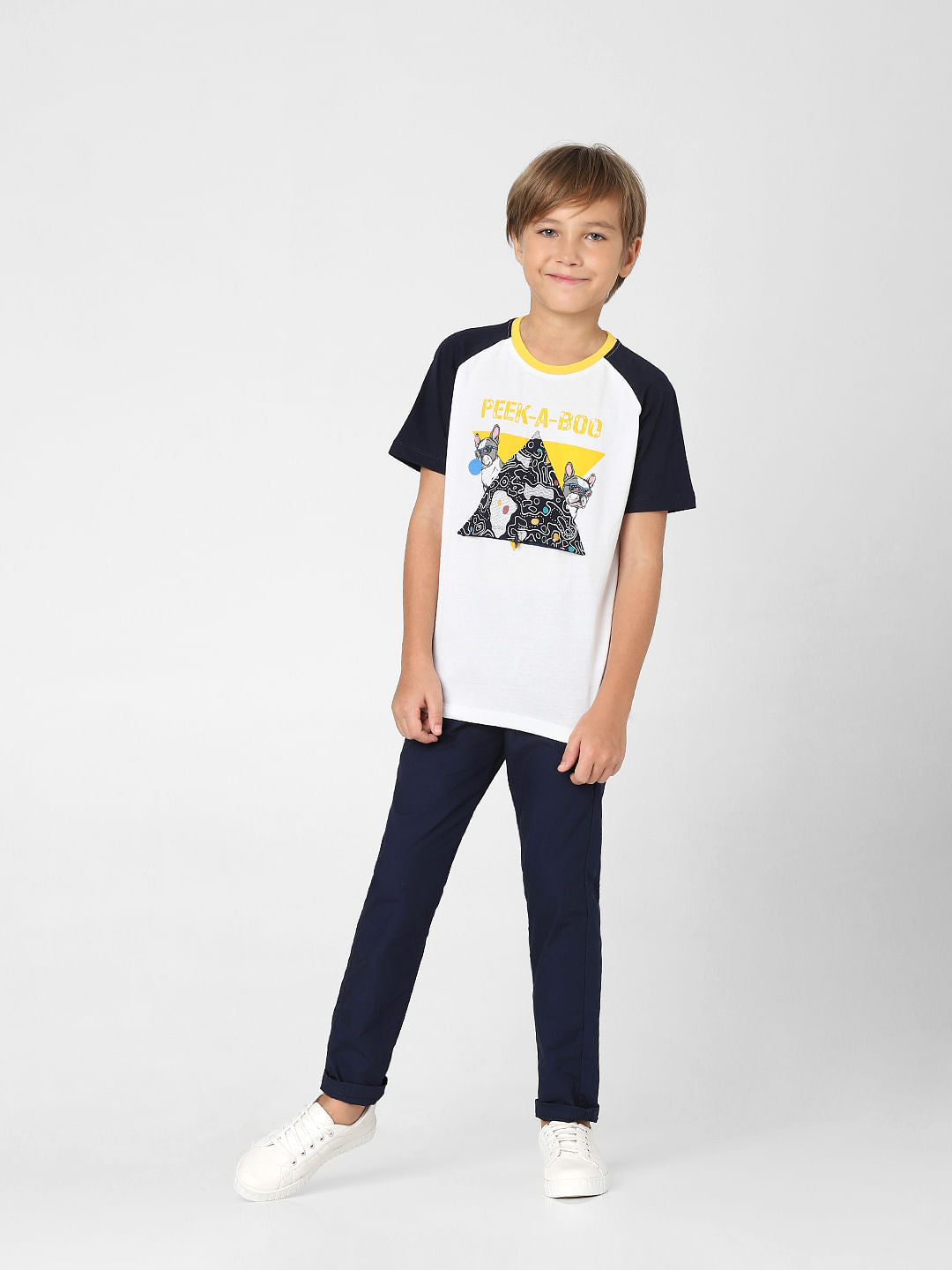 Boys White Colourblocked Crew Neck T-shirt