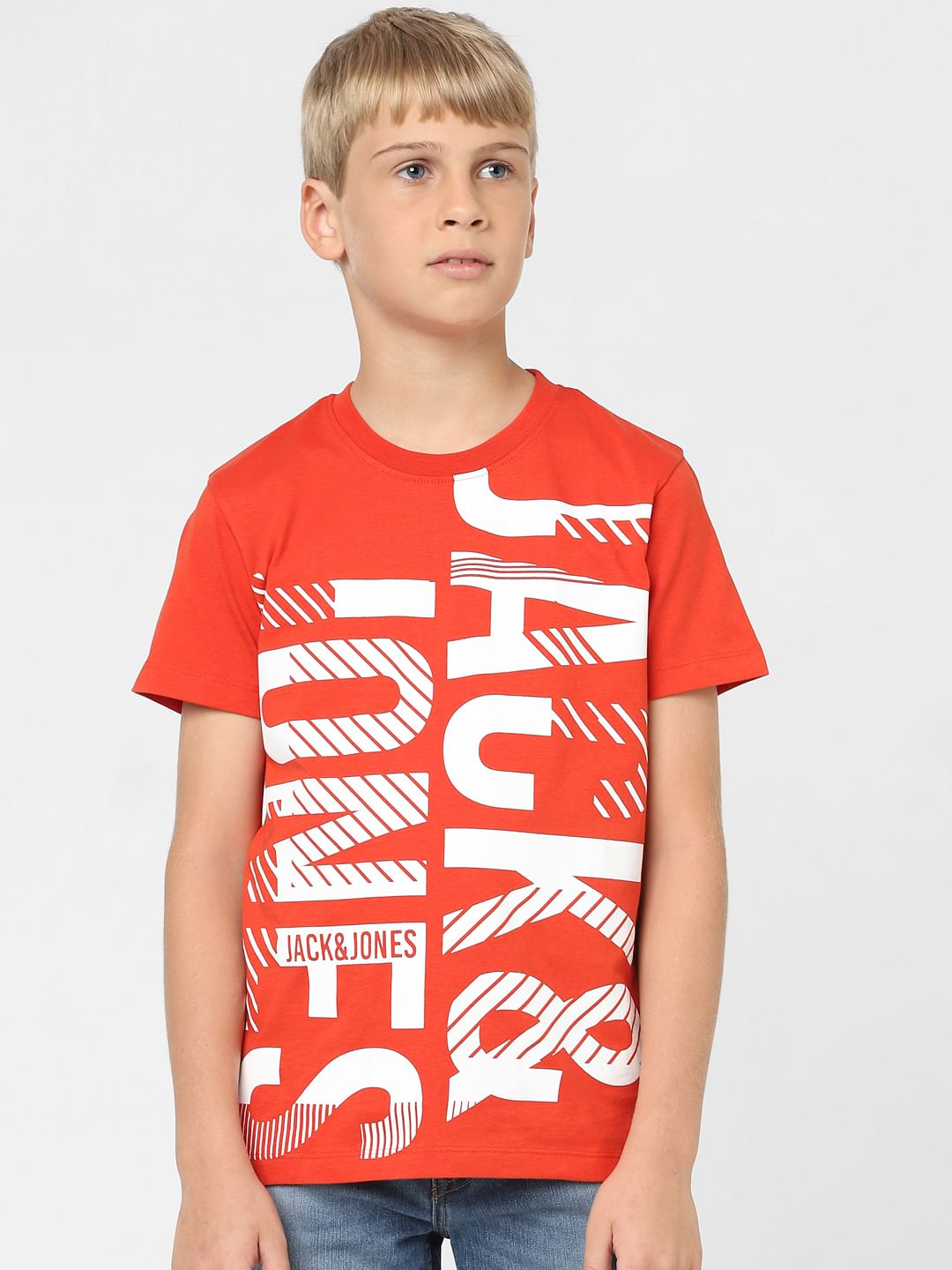 Boys Red Logo Print Crew Neck T-shirt