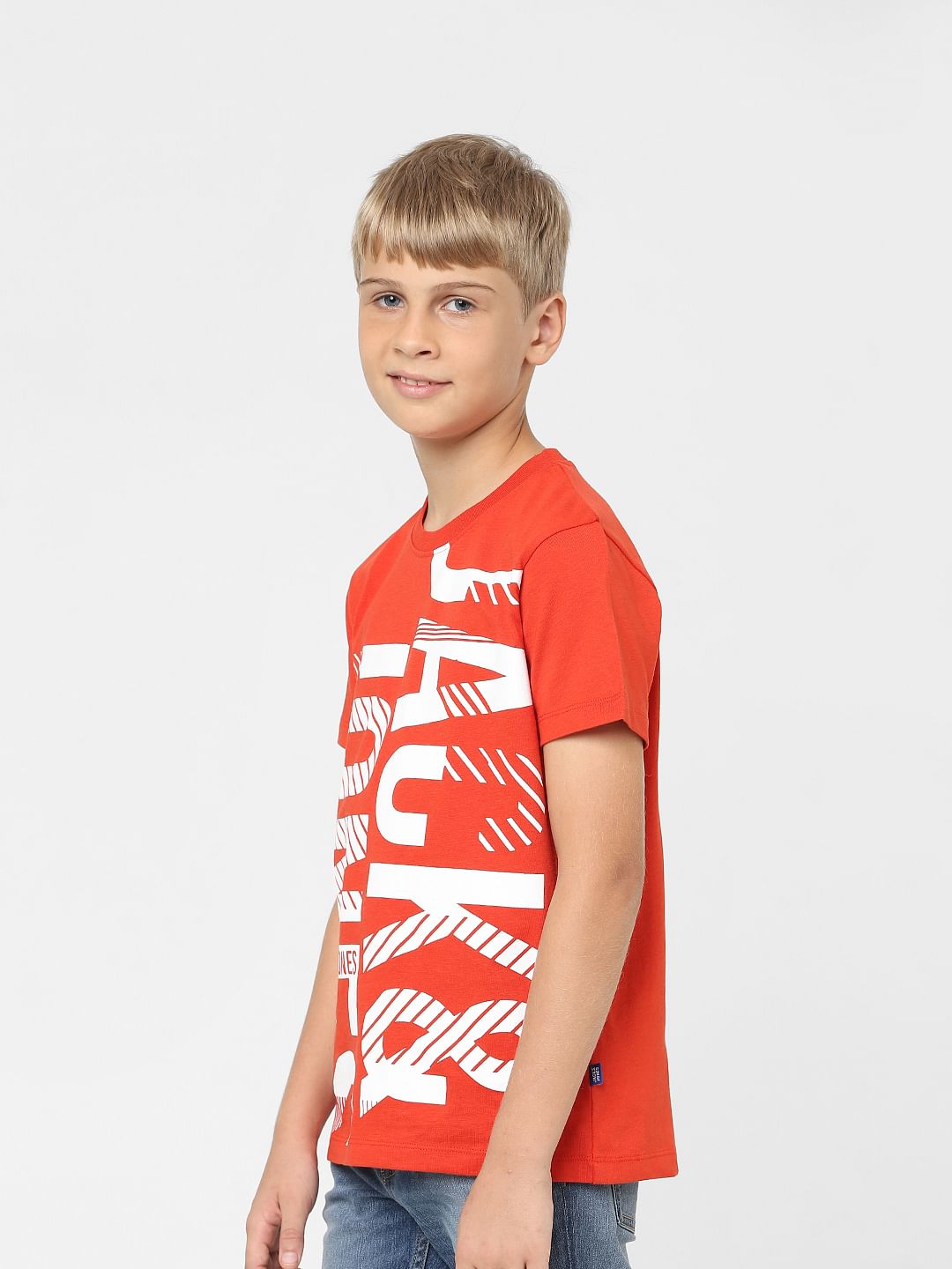 Boys Red Logo Print Crew Neck T-shirt