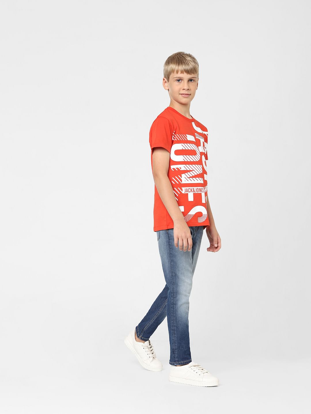 Boys Red Logo Print Crew Neck T-shirt