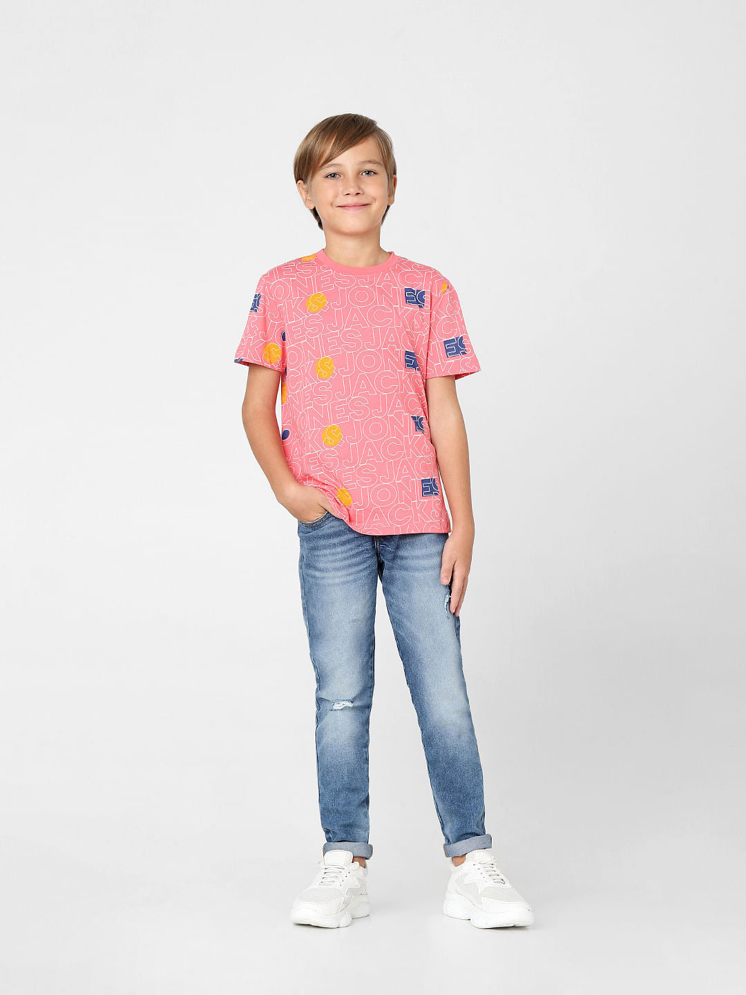 Boys Pink Logo Print Crew Neck T-shirt