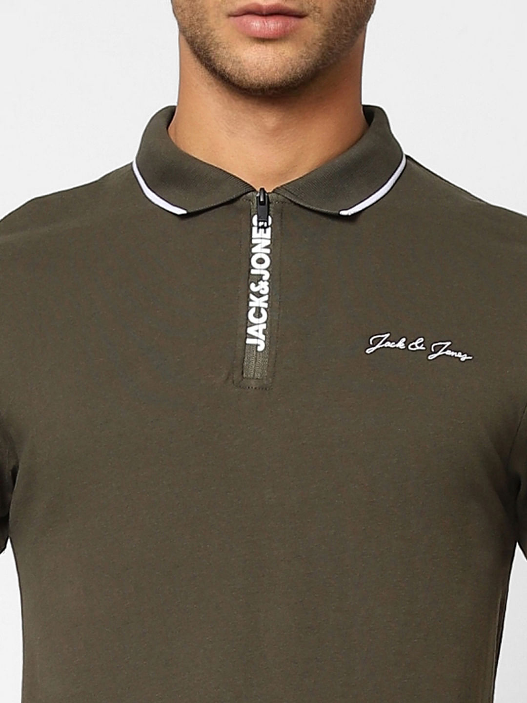Olive Logo Zip-Up Polo T-shirt