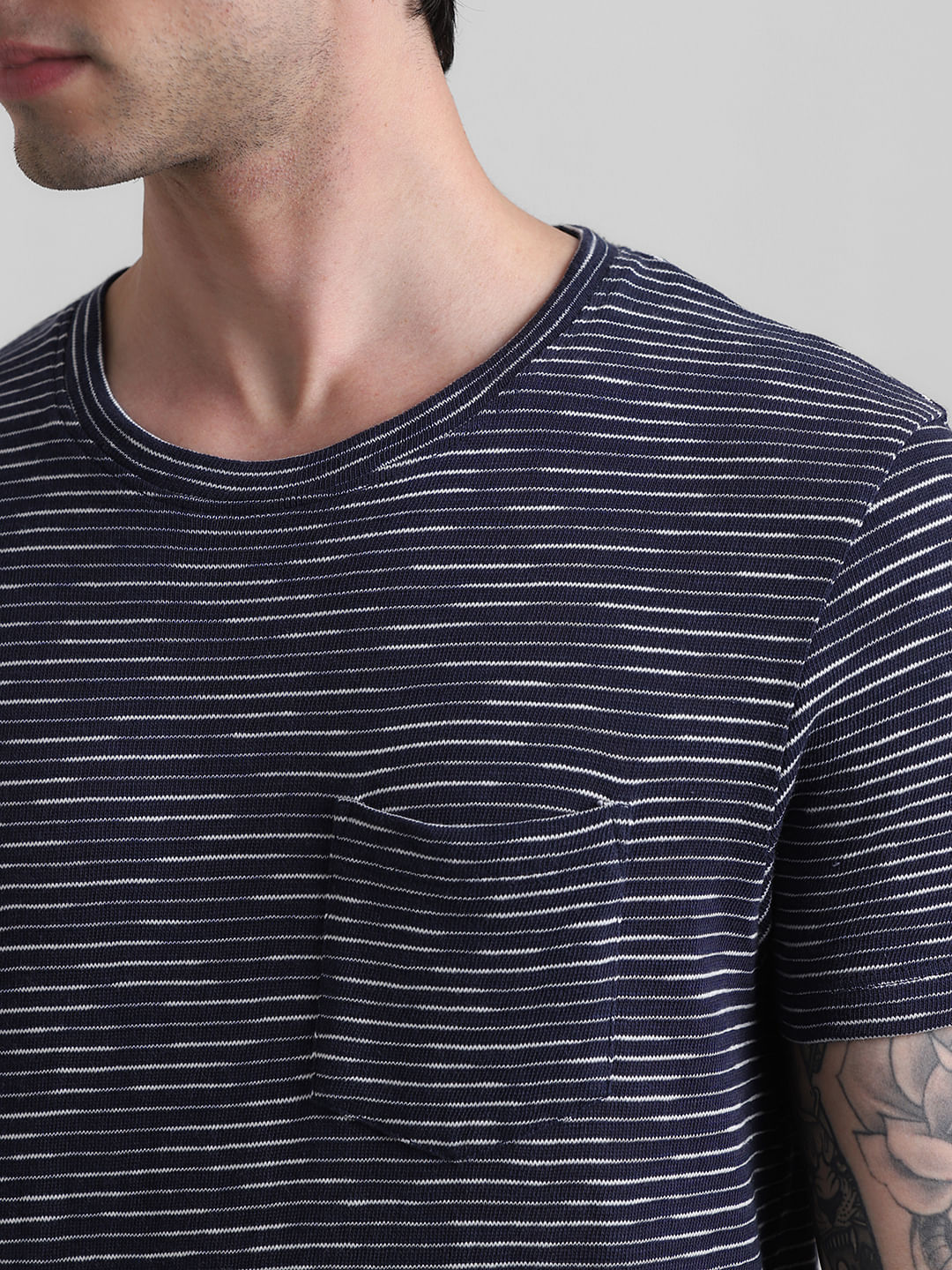 Navy Blue Striped Crew Neck T-shirt