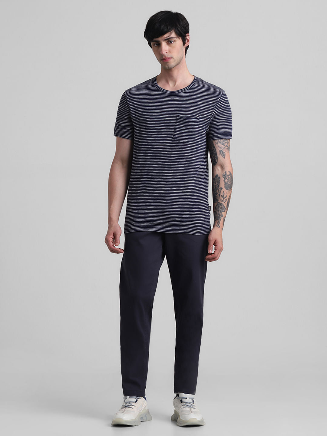 Navy Blue Striped Crew Neck T-shirt