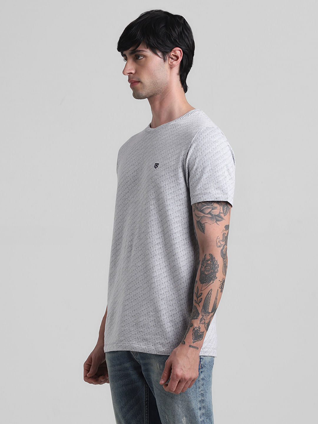 Grey Textured Crew Neck T-shirt