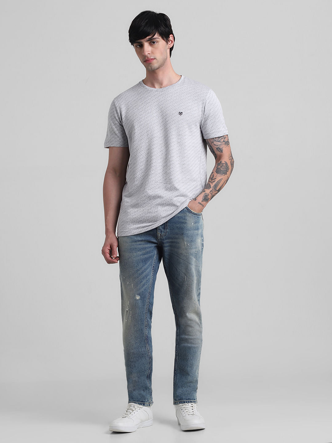 Grey Textured Crew Neck T-shirt