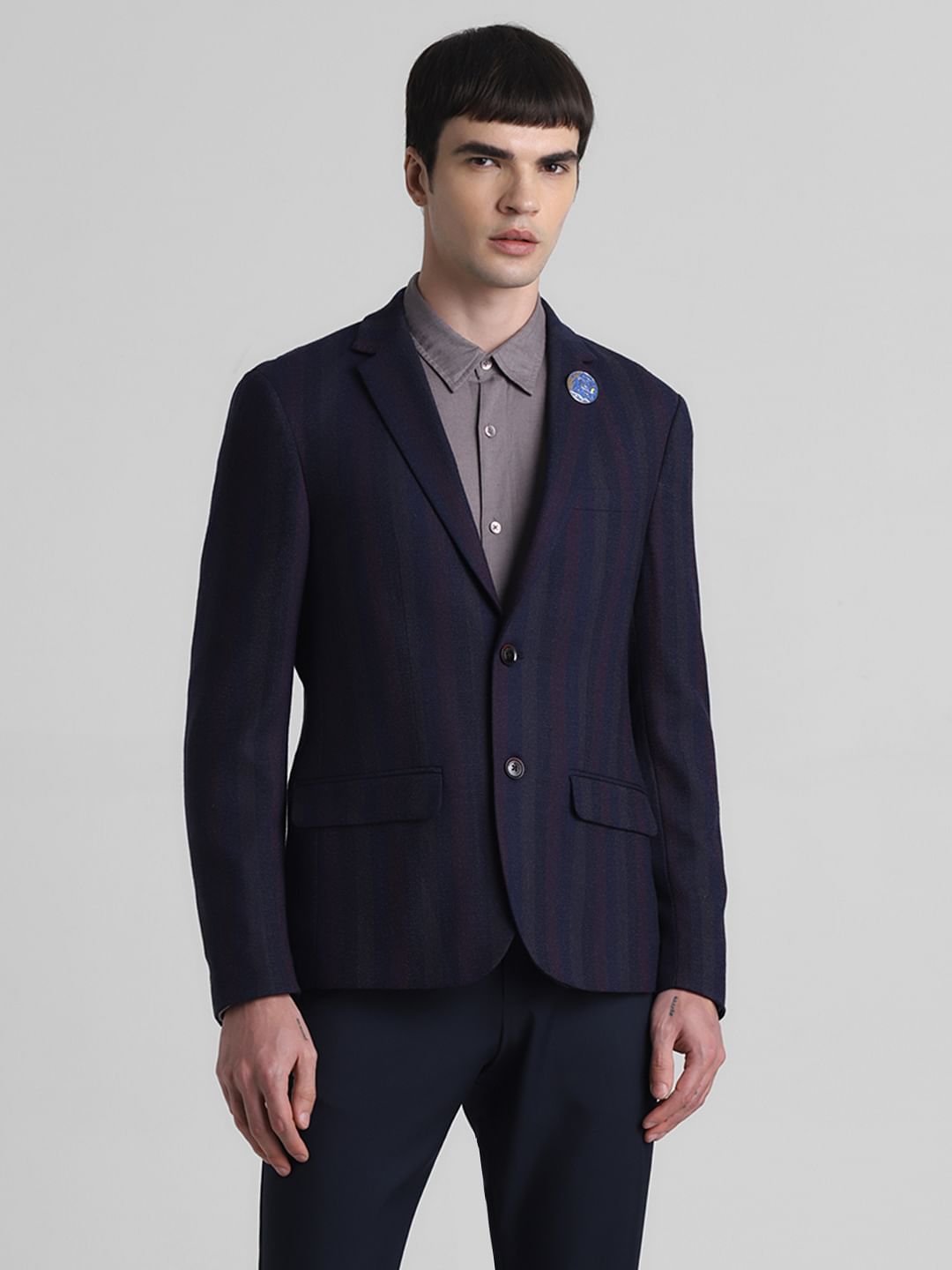 Navy Blue Striped Slim Fit Blazer