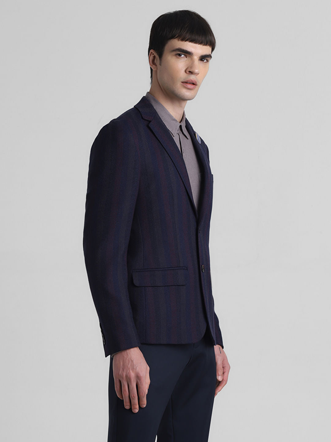 Navy Blue Striped Slim Fit Blazer