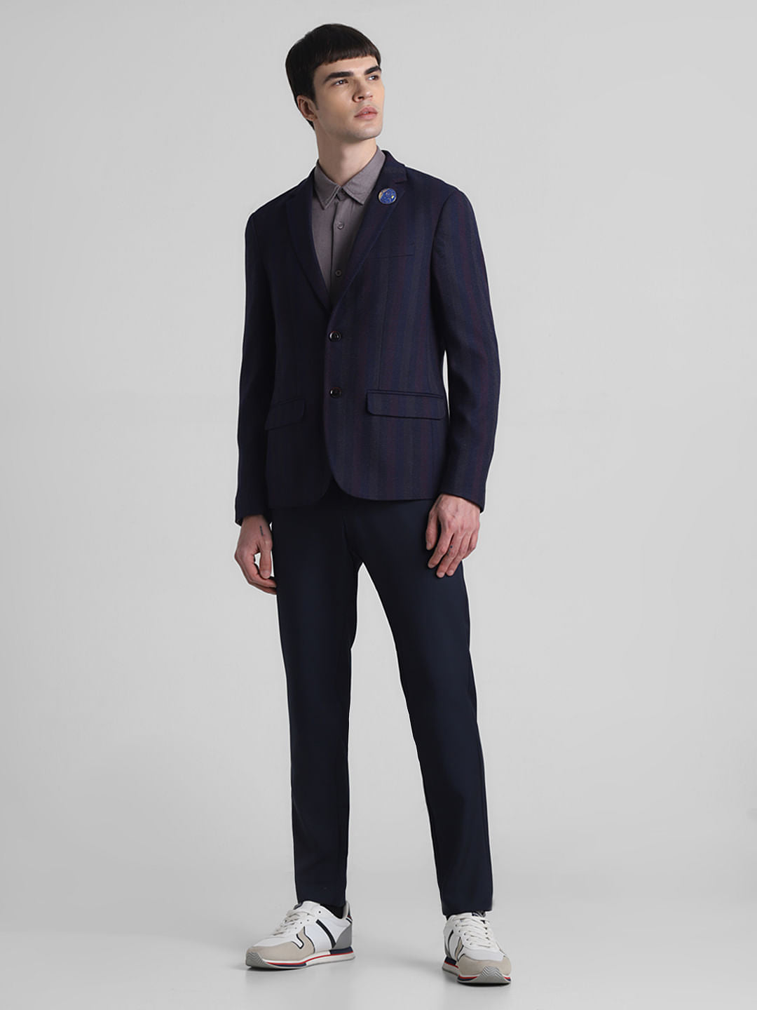 Navy Blue Striped Slim Fit Blazer
