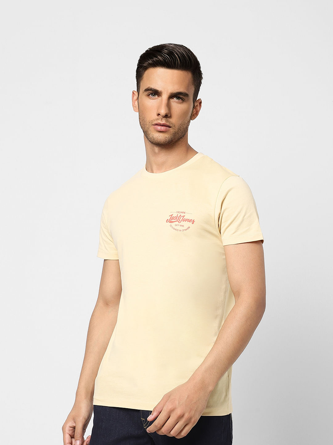 Beige Logo Print Crew Neck T-shirt