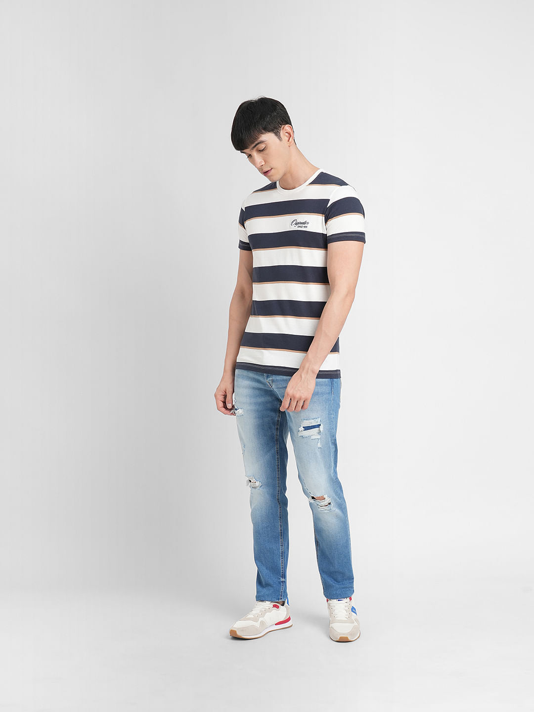 White Striped Crew Neck T-shirt