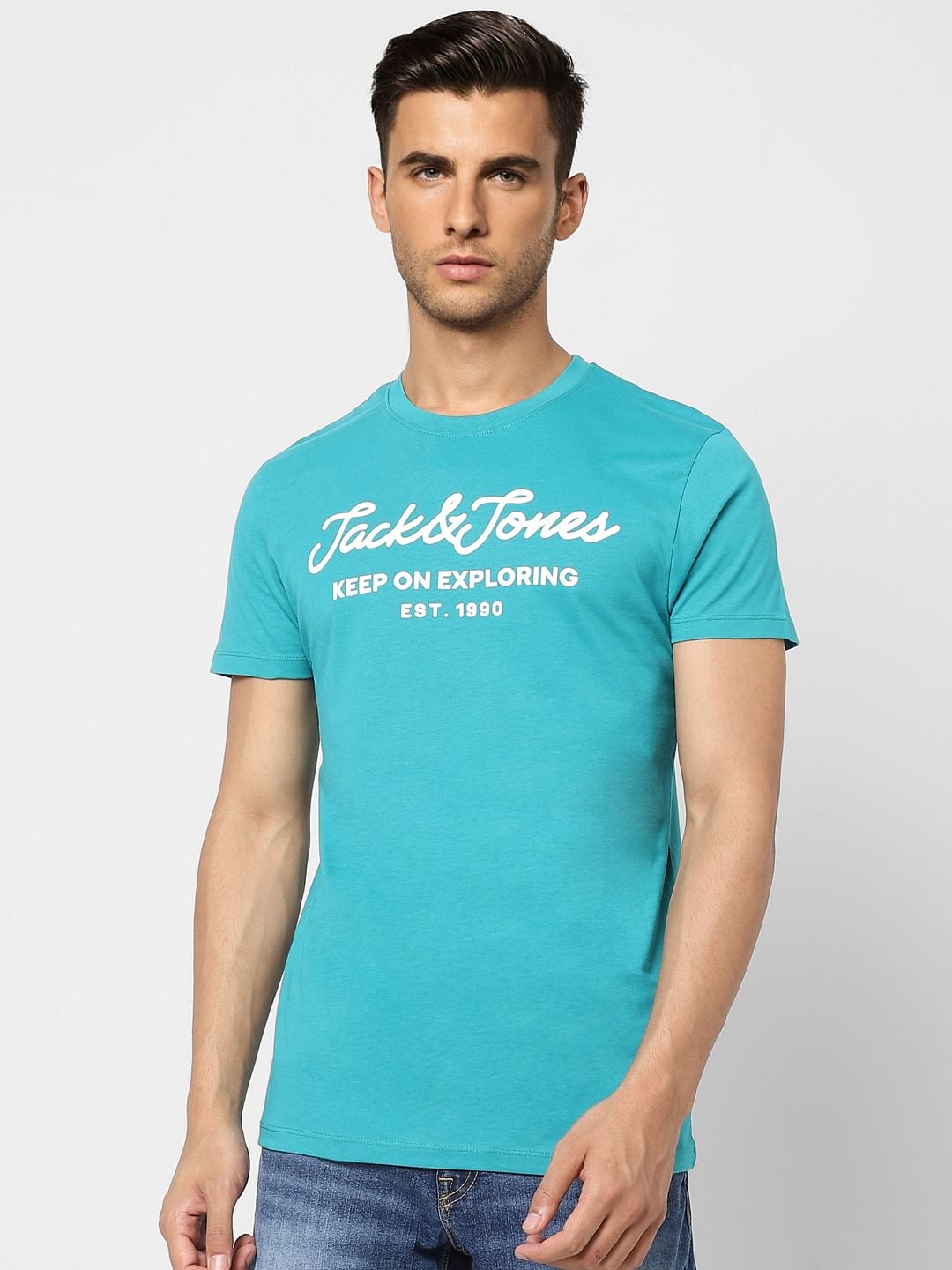 Turquoise Logo Print Crew Neck T-shirt