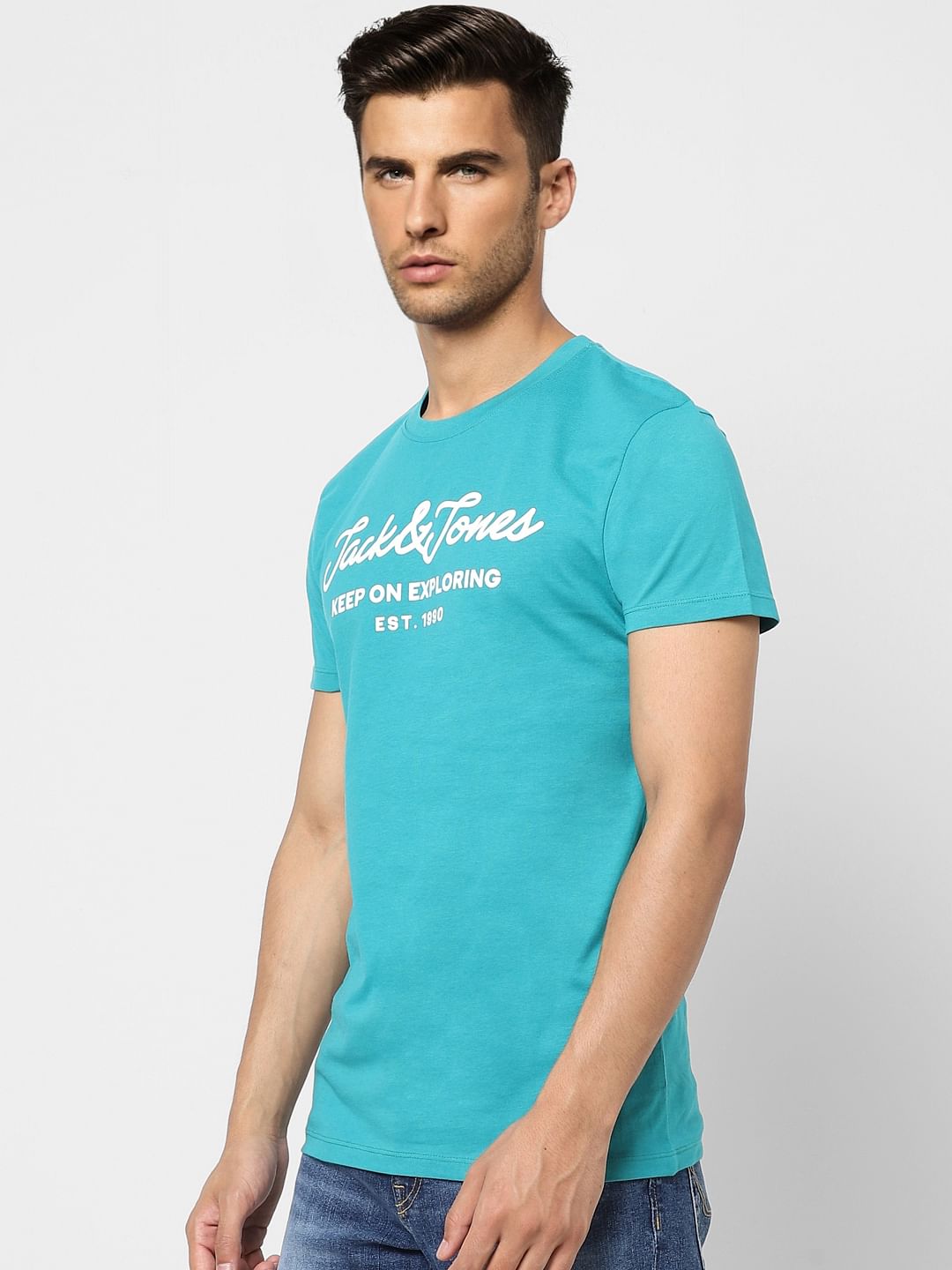 Turquoise Logo Print Crew Neck T-shirt