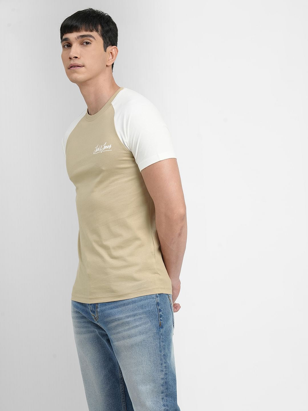 Beige Colourblocked Crew Neck T-shirt