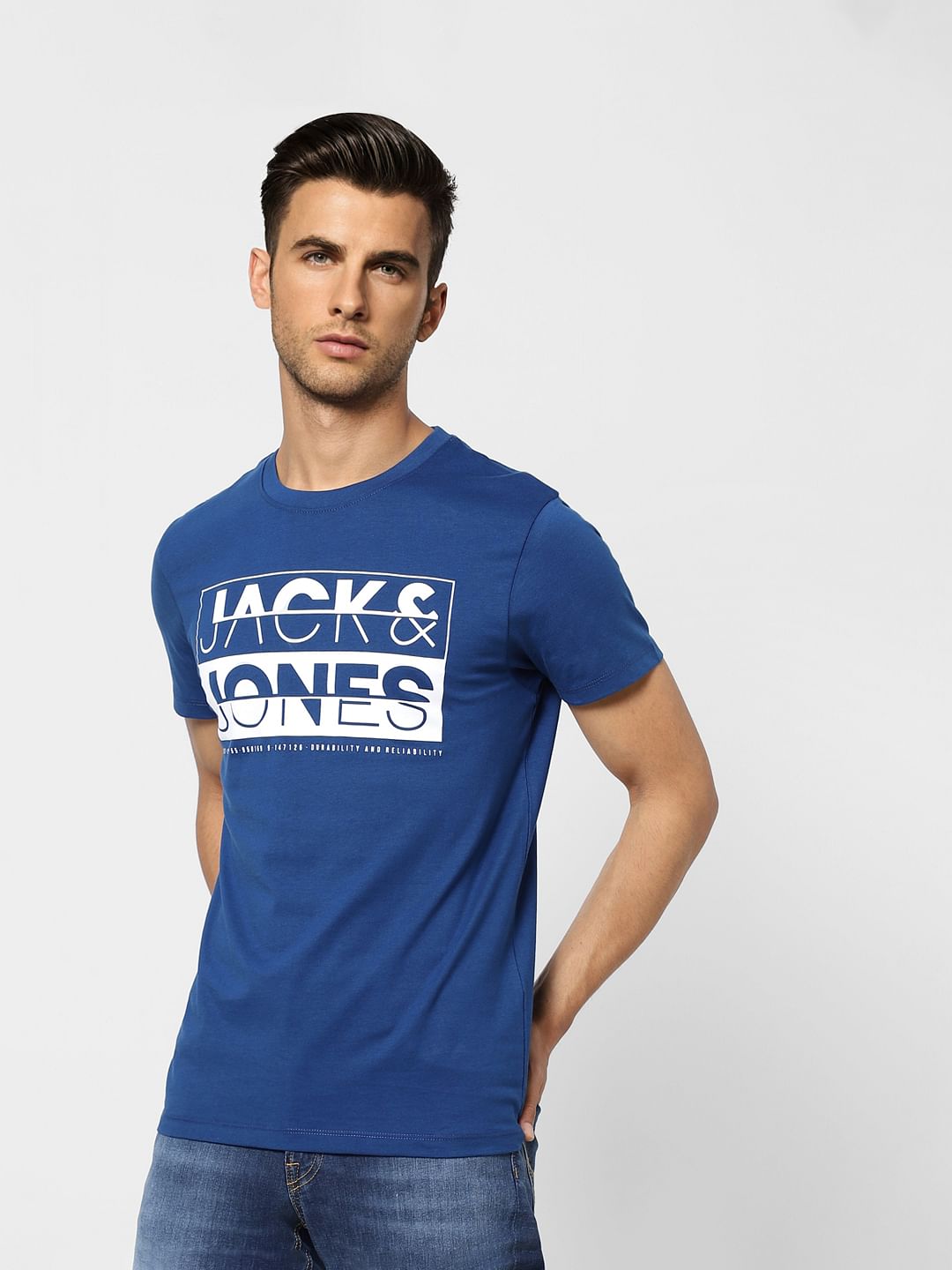 Dark Blue Logo Print Crew Neck T-shirt