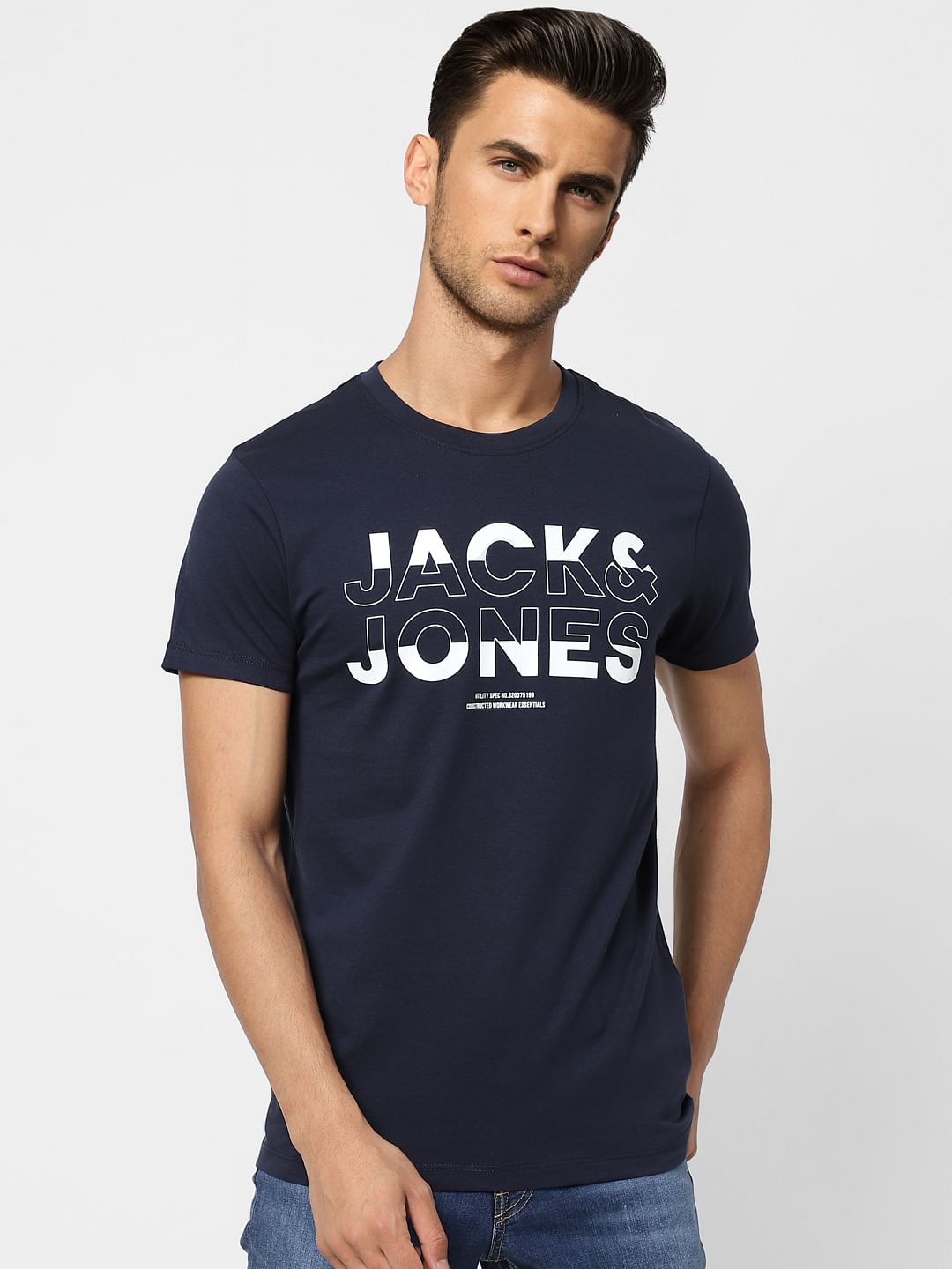 Navy Blue Logo Print Crew Neck T-shirt