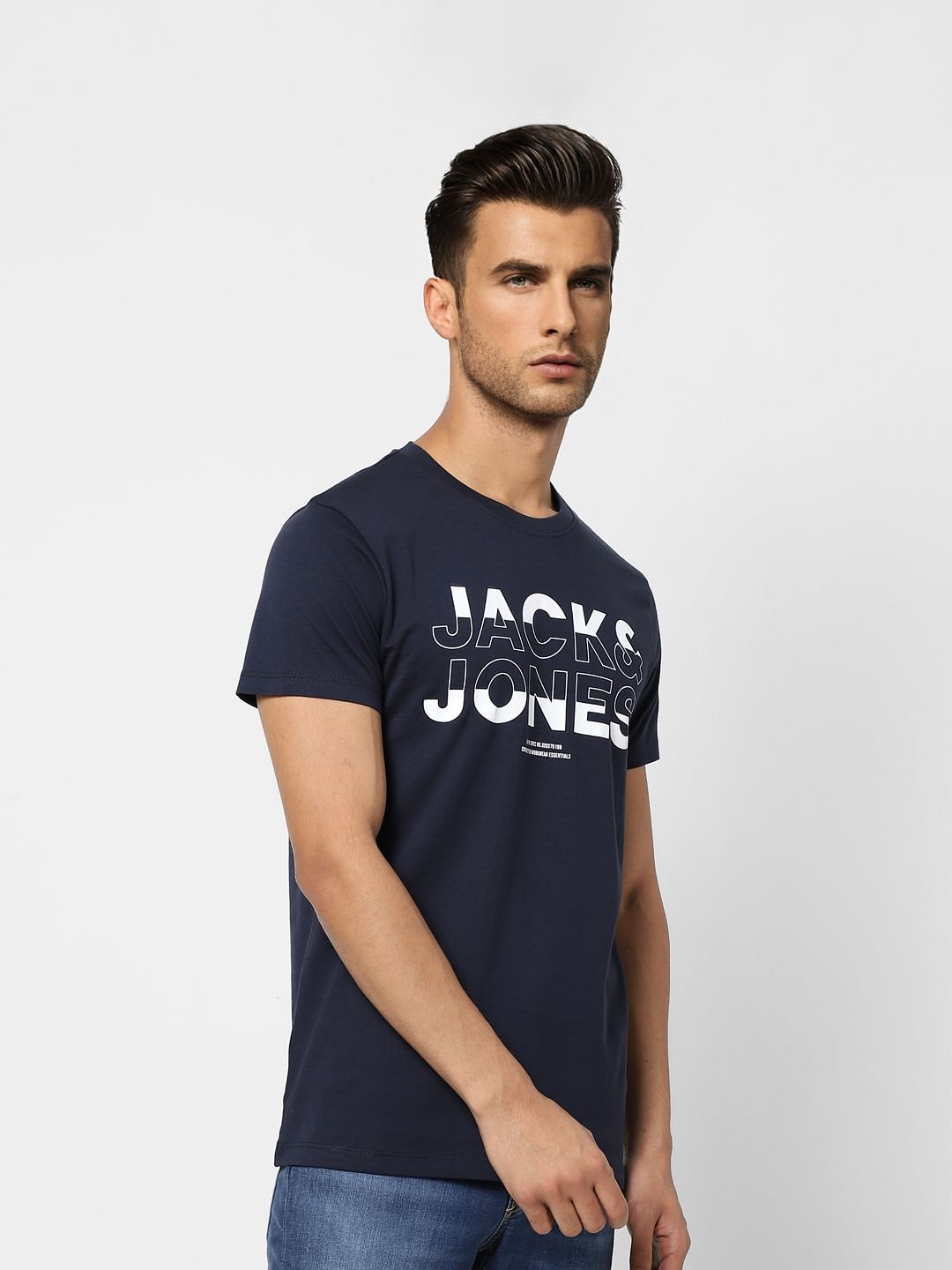 Navy Blue Logo Print Crew Neck T-shirt