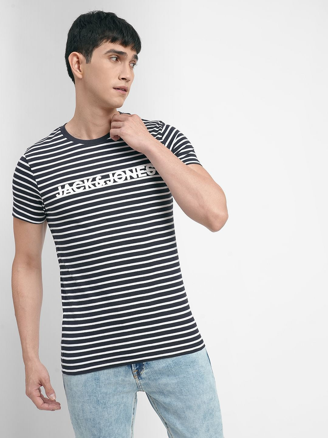 Navy Blue Striped Crew Neck T-shirt