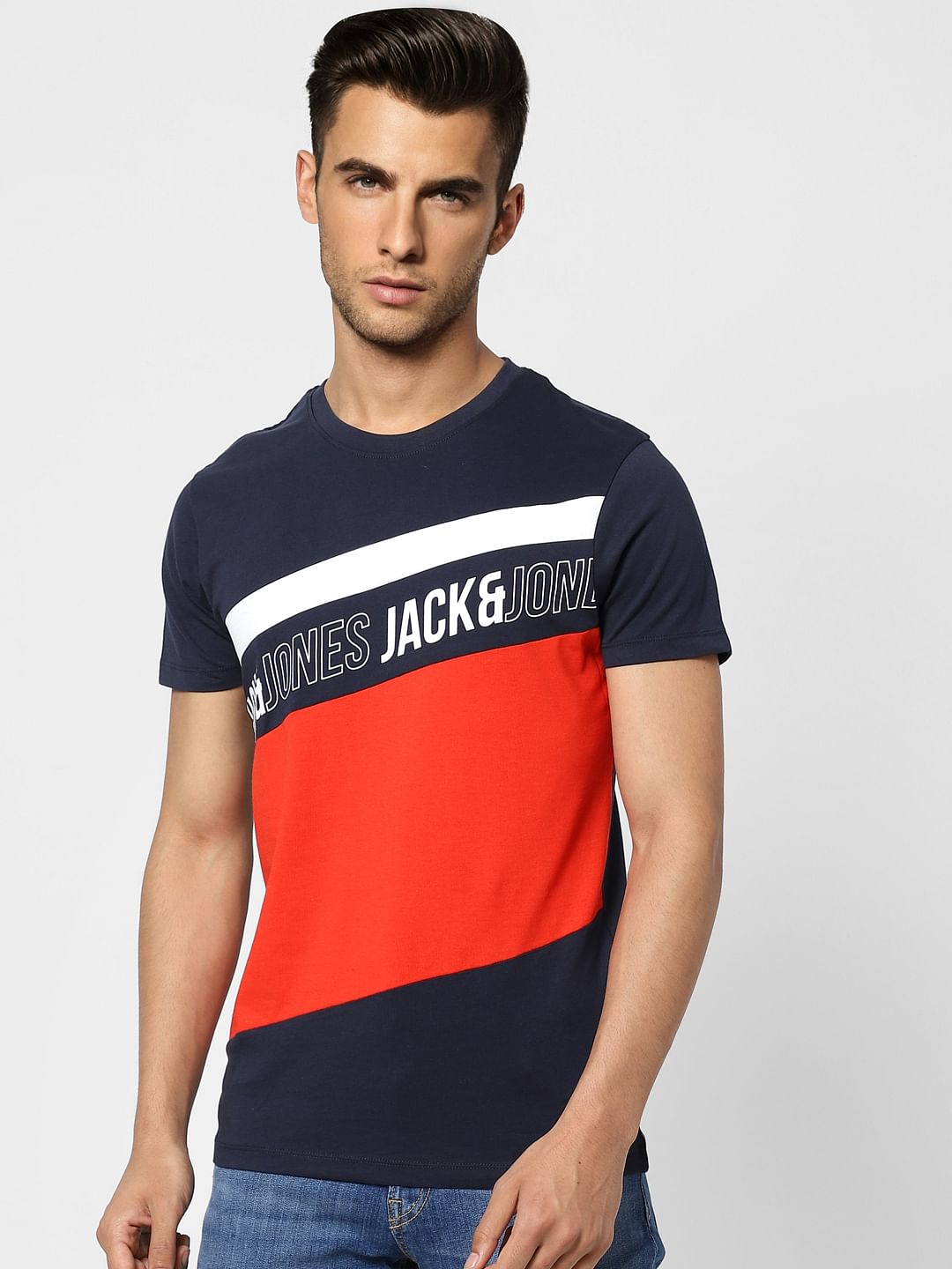 Blue Colourblocked Crew Neck T-shirt