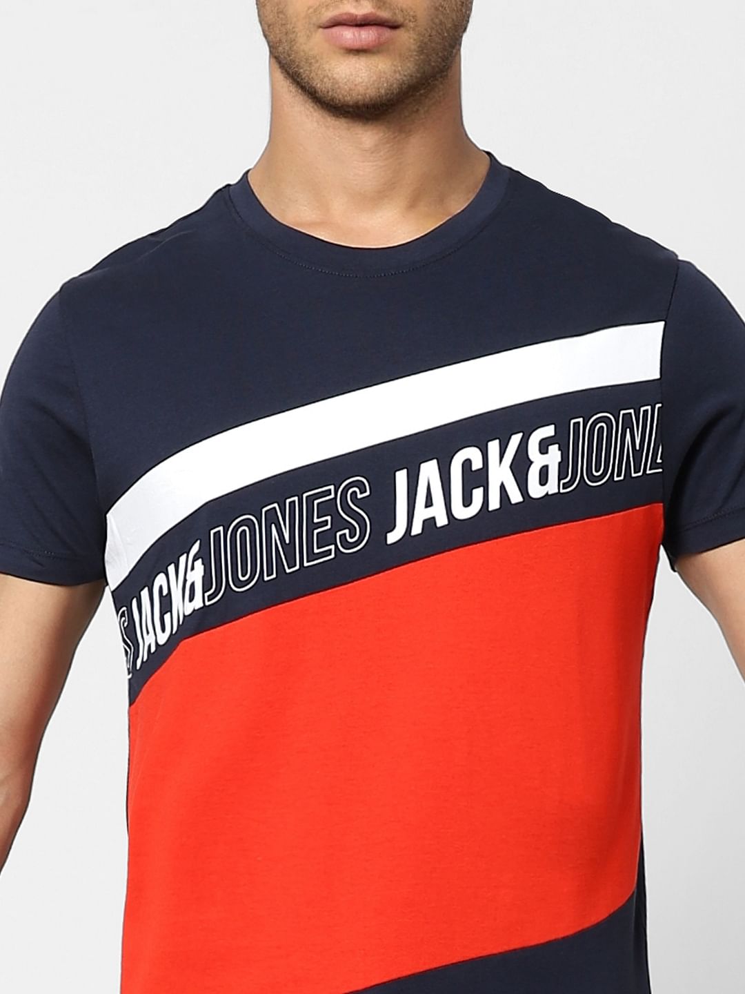 Blue Colourblocked Crew Neck T-shirt