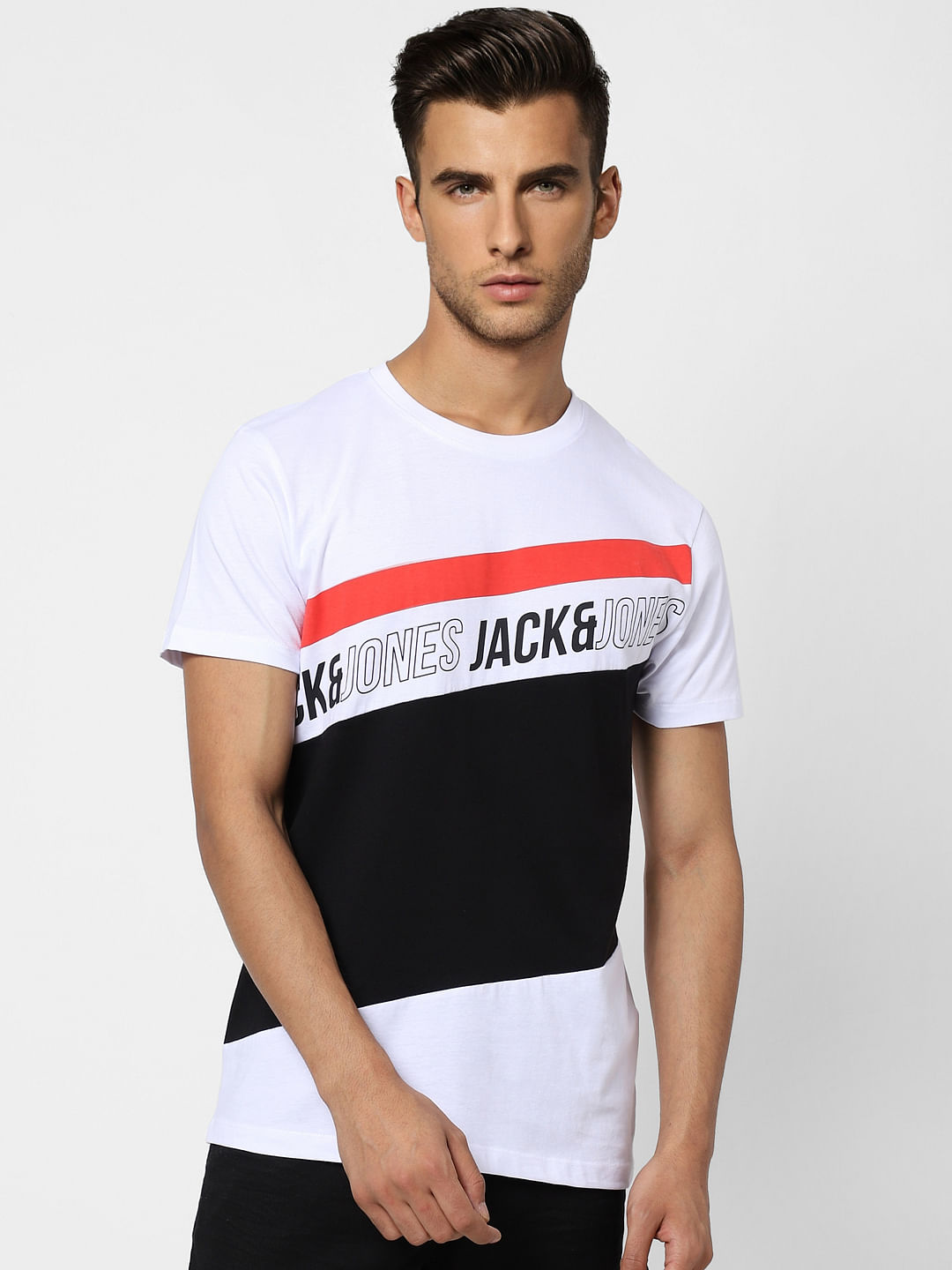 White Colourblocked Crew Neck T-shirt