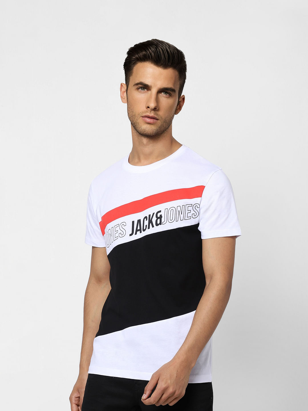 White Colourblocked Crew Neck T-shirt