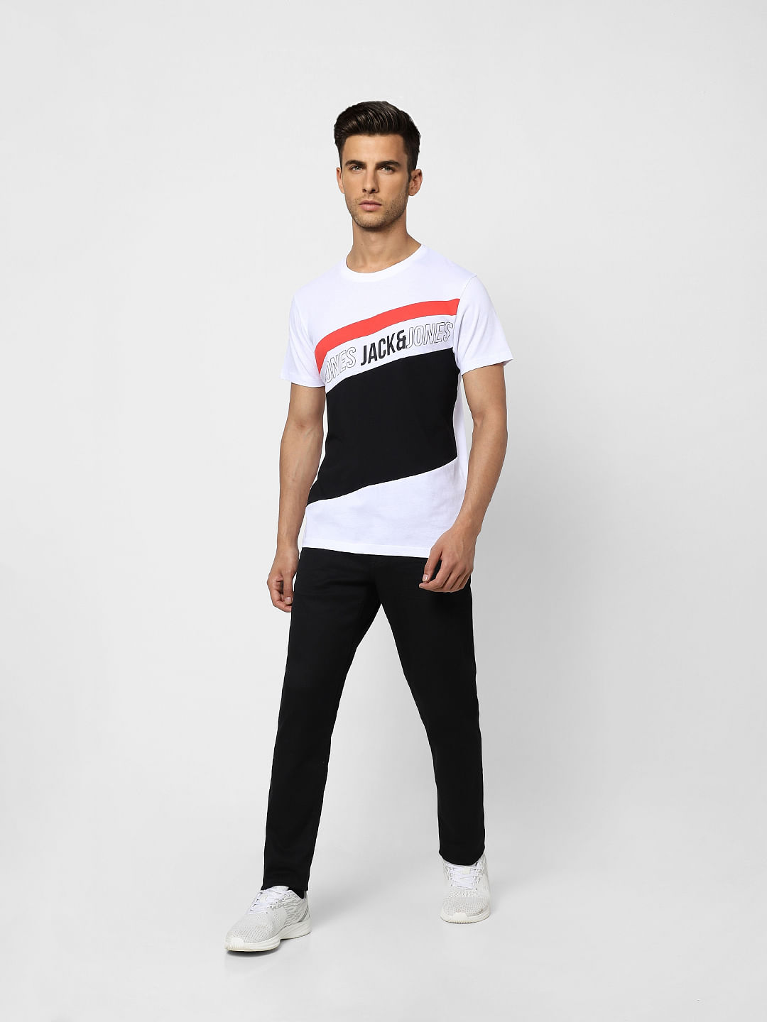 White Colourblocked Crew Neck T-shirt