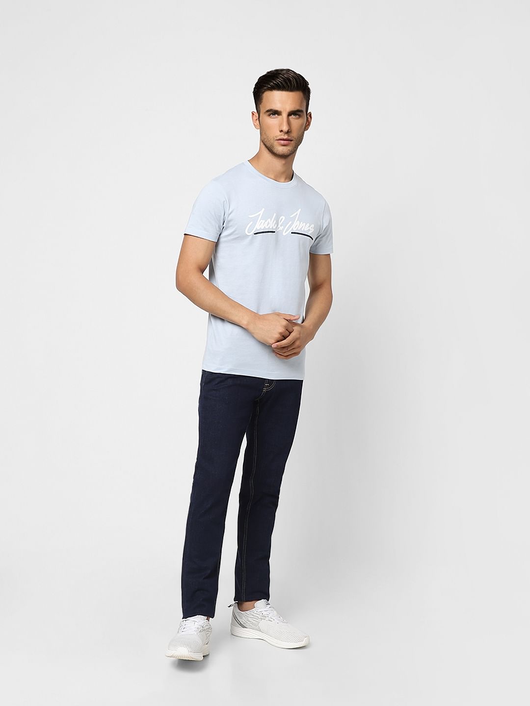 Sky Blue Logo Print Crew Neck T-shirt