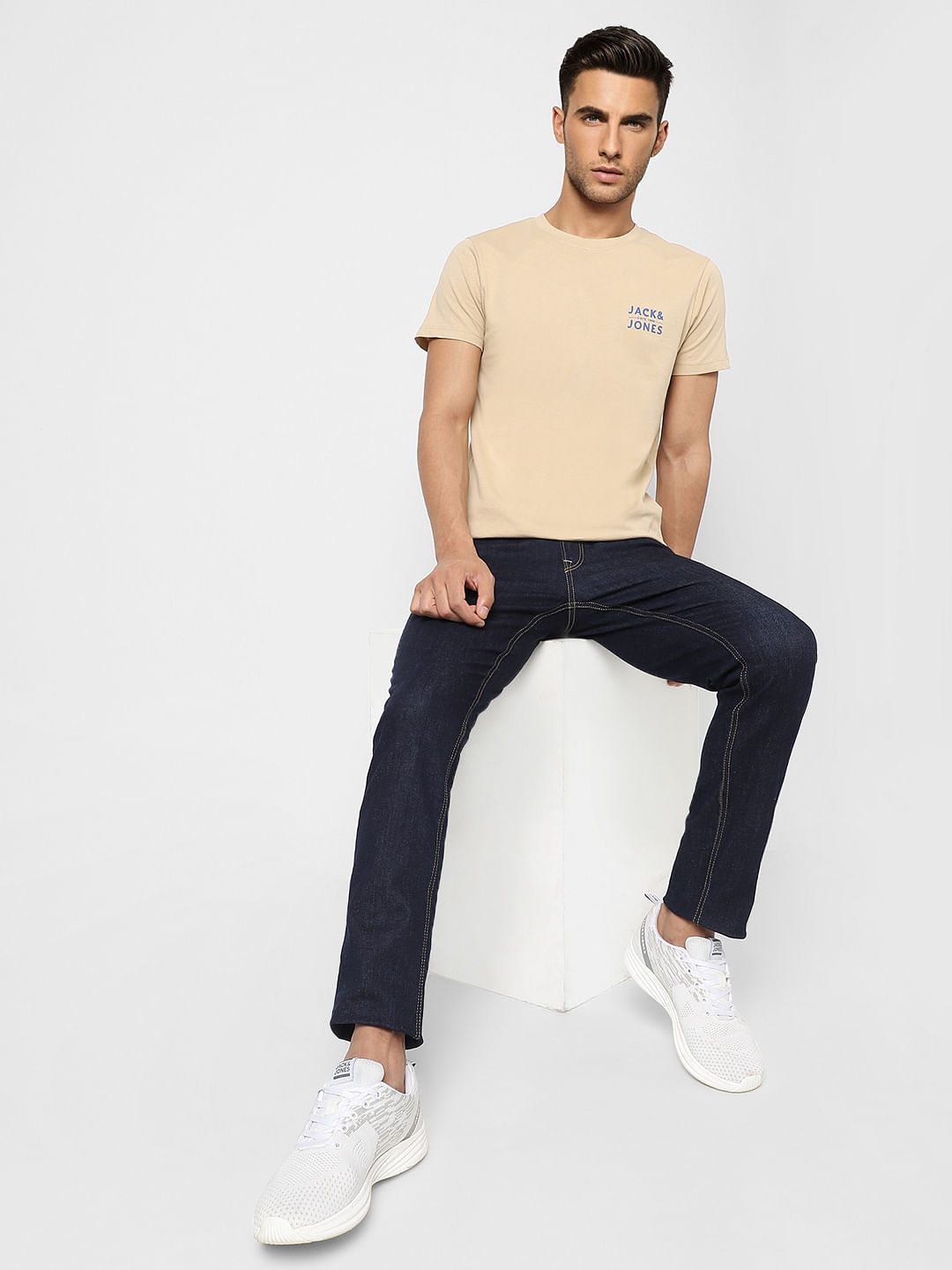 Beige Logo Print Crew Neck T-shirt