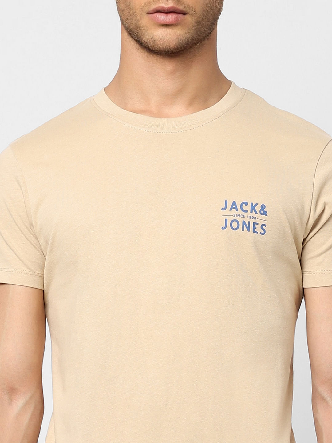 Beige Logo Print Crew Neck T-shirt