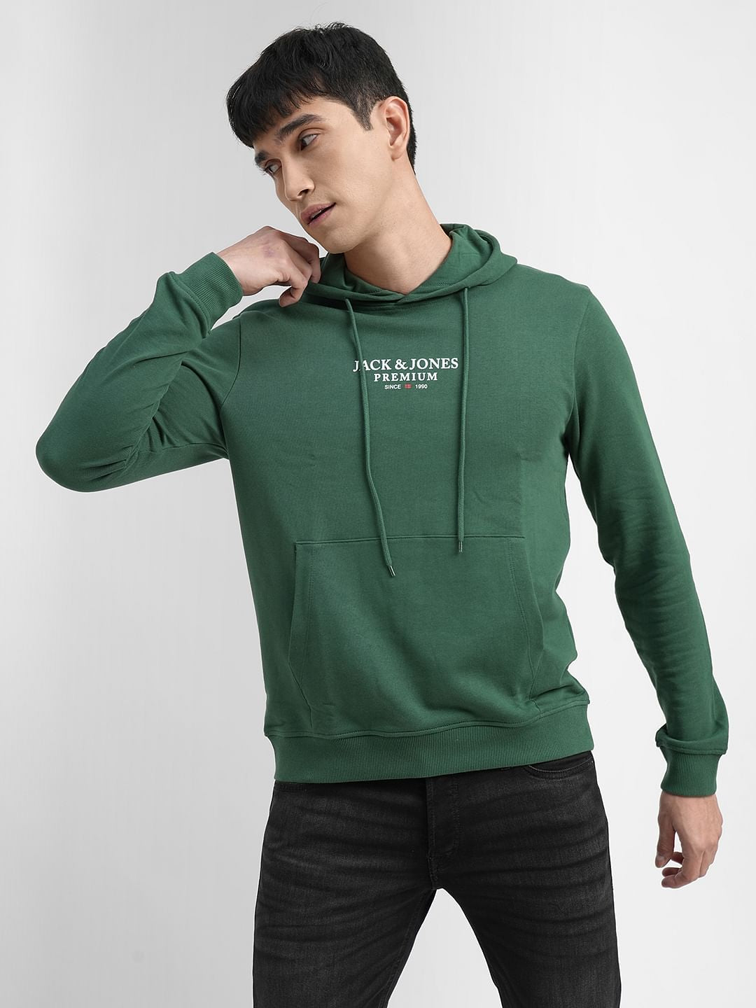 Dark Green Logo Print Hooded Sweatshirt