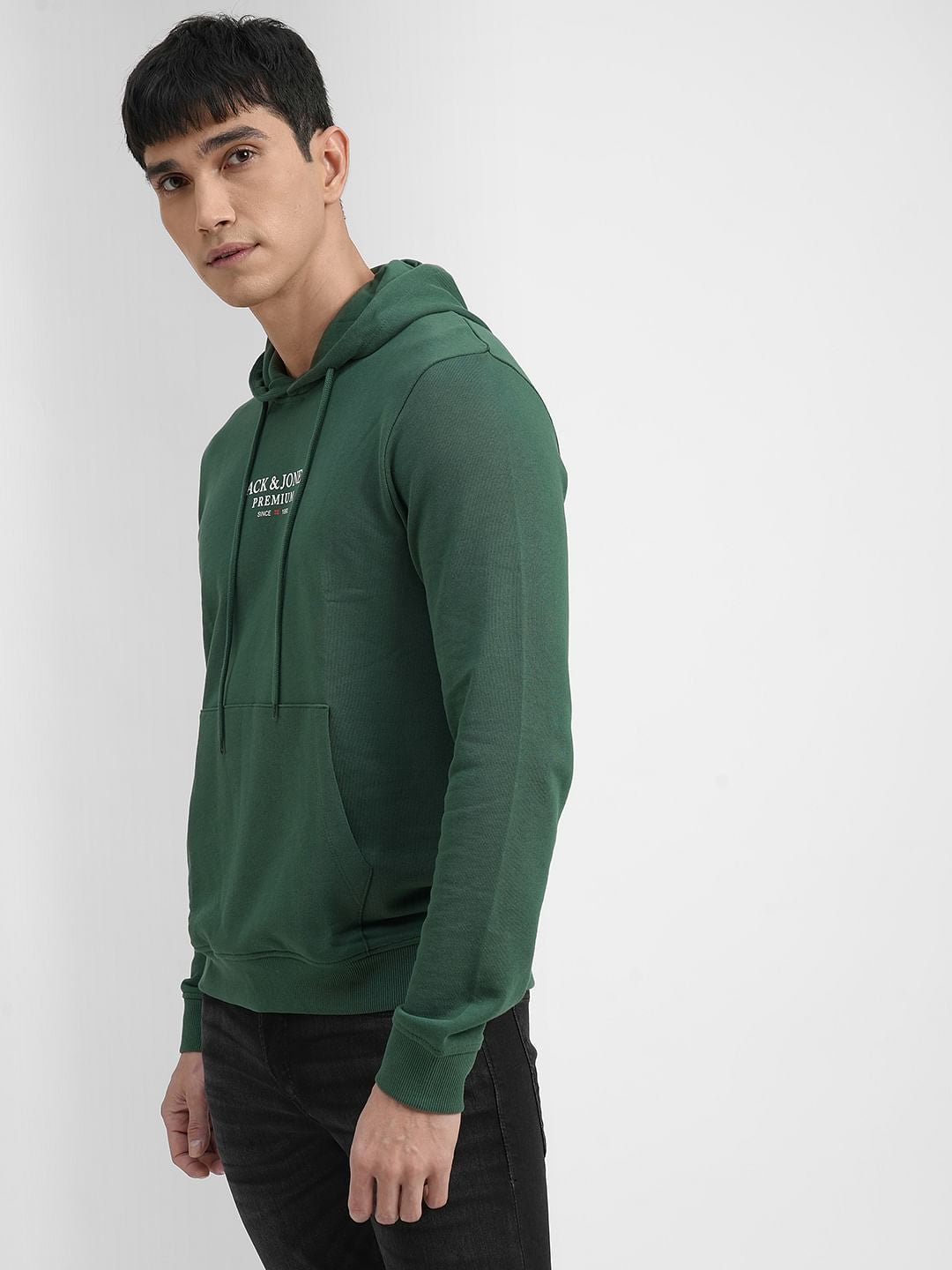 Dark Green Logo Print Hooded Sweatshirt