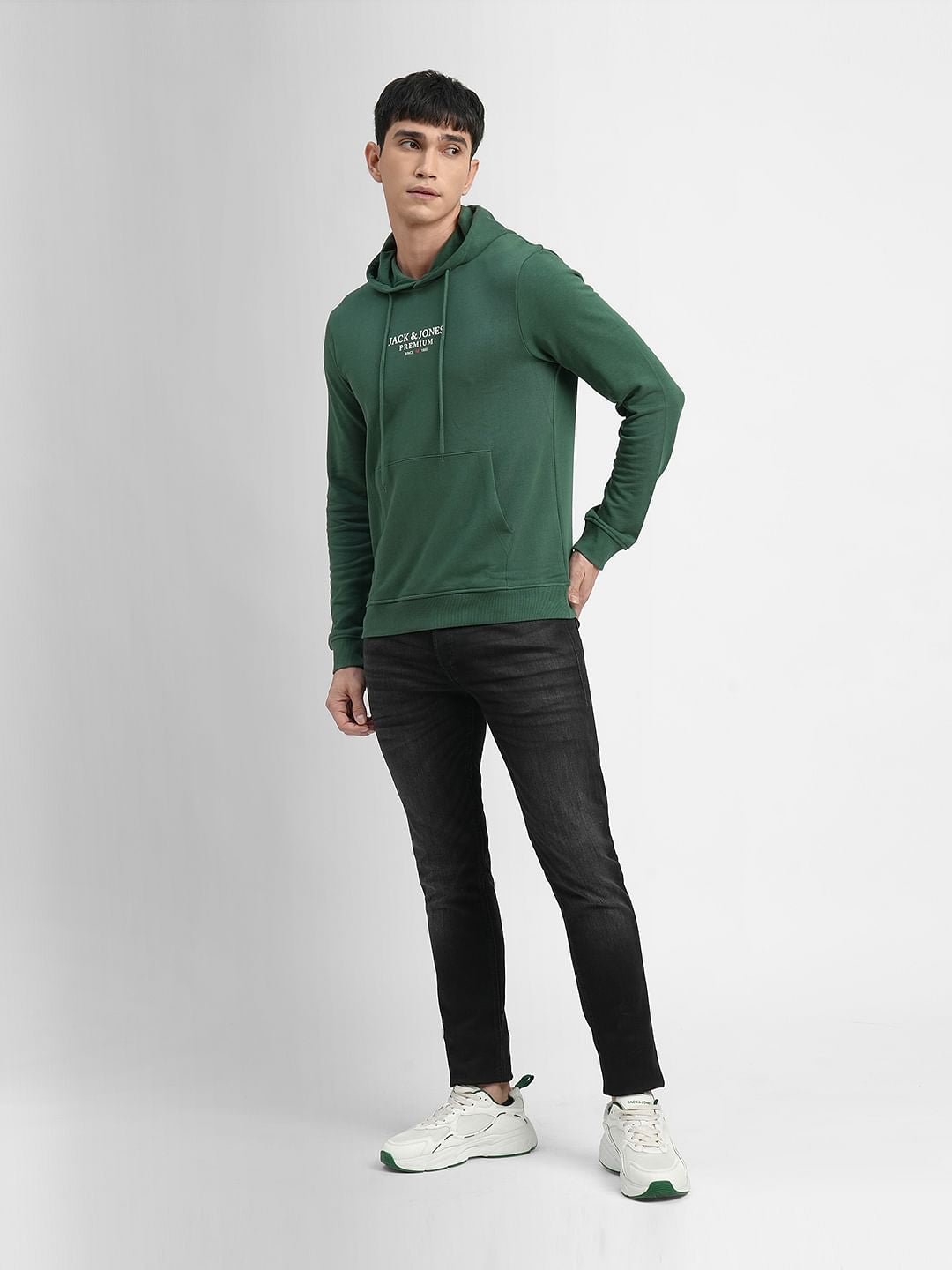 Dark Green Logo Print Hooded Sweatshirt