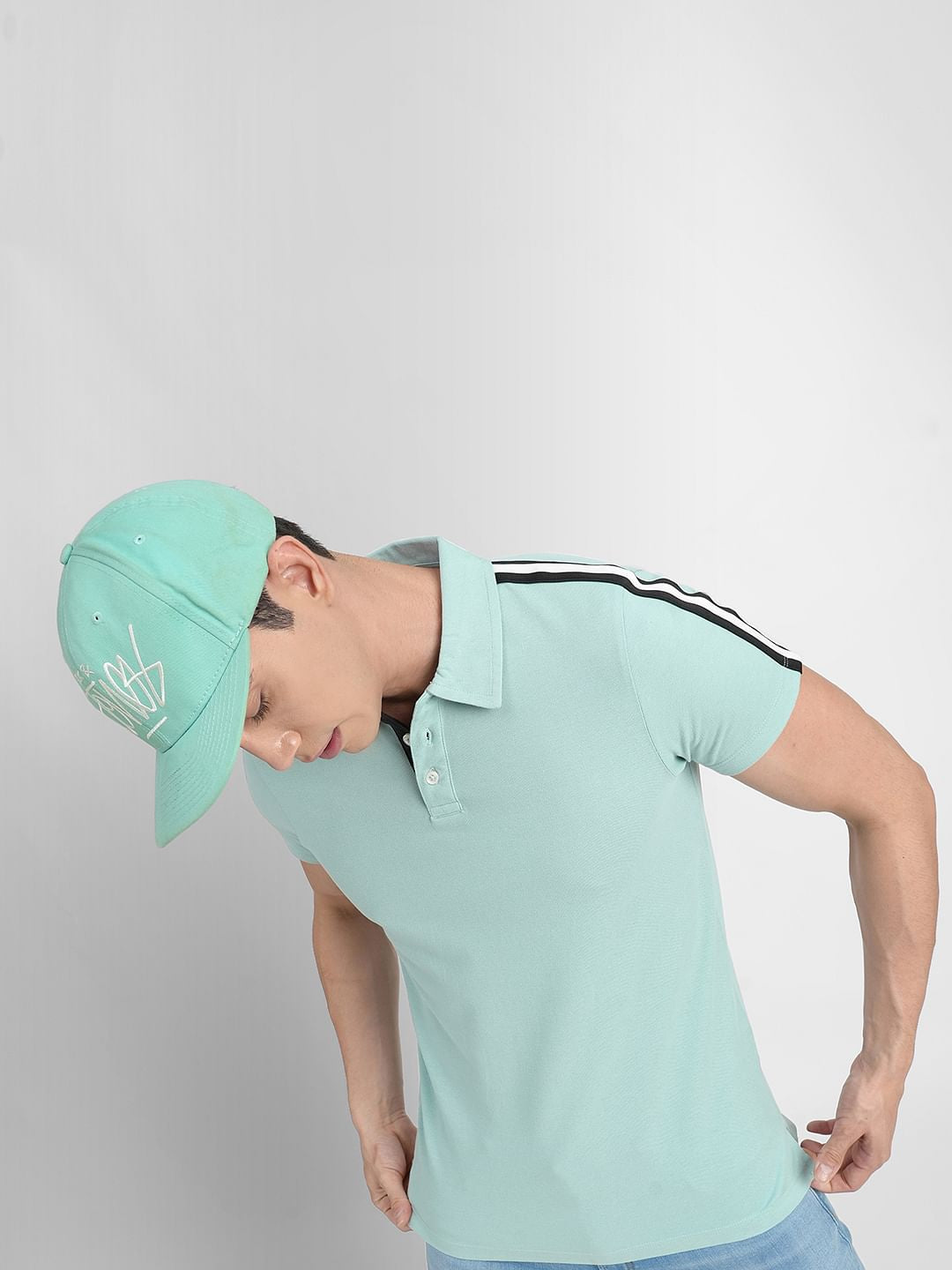 Turquoise Tape Detail Polo Neck T-shirt