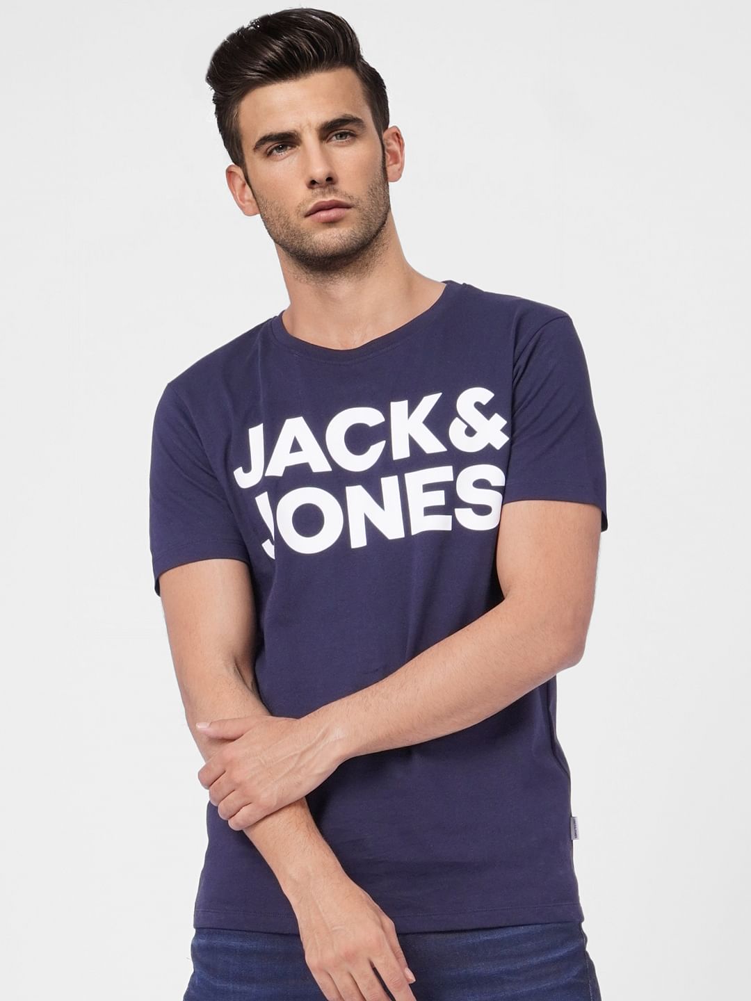 Navy Blue Logo Print Crew Neck T-shirt