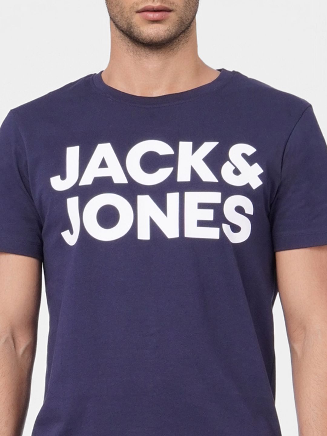 Navy Blue Logo Print Crew Neck T-shirt