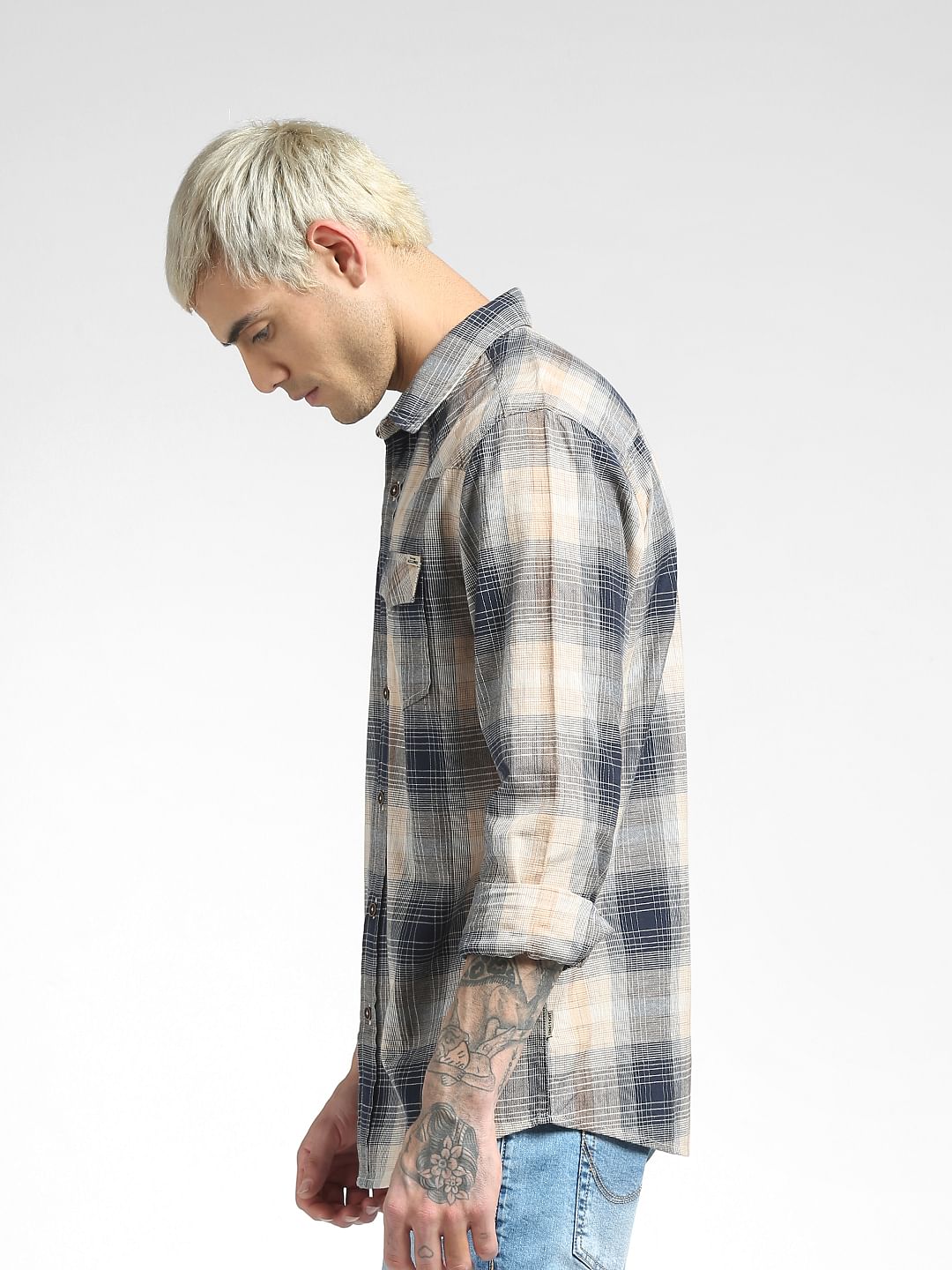 Beige Checked Full Sleeves Shirt