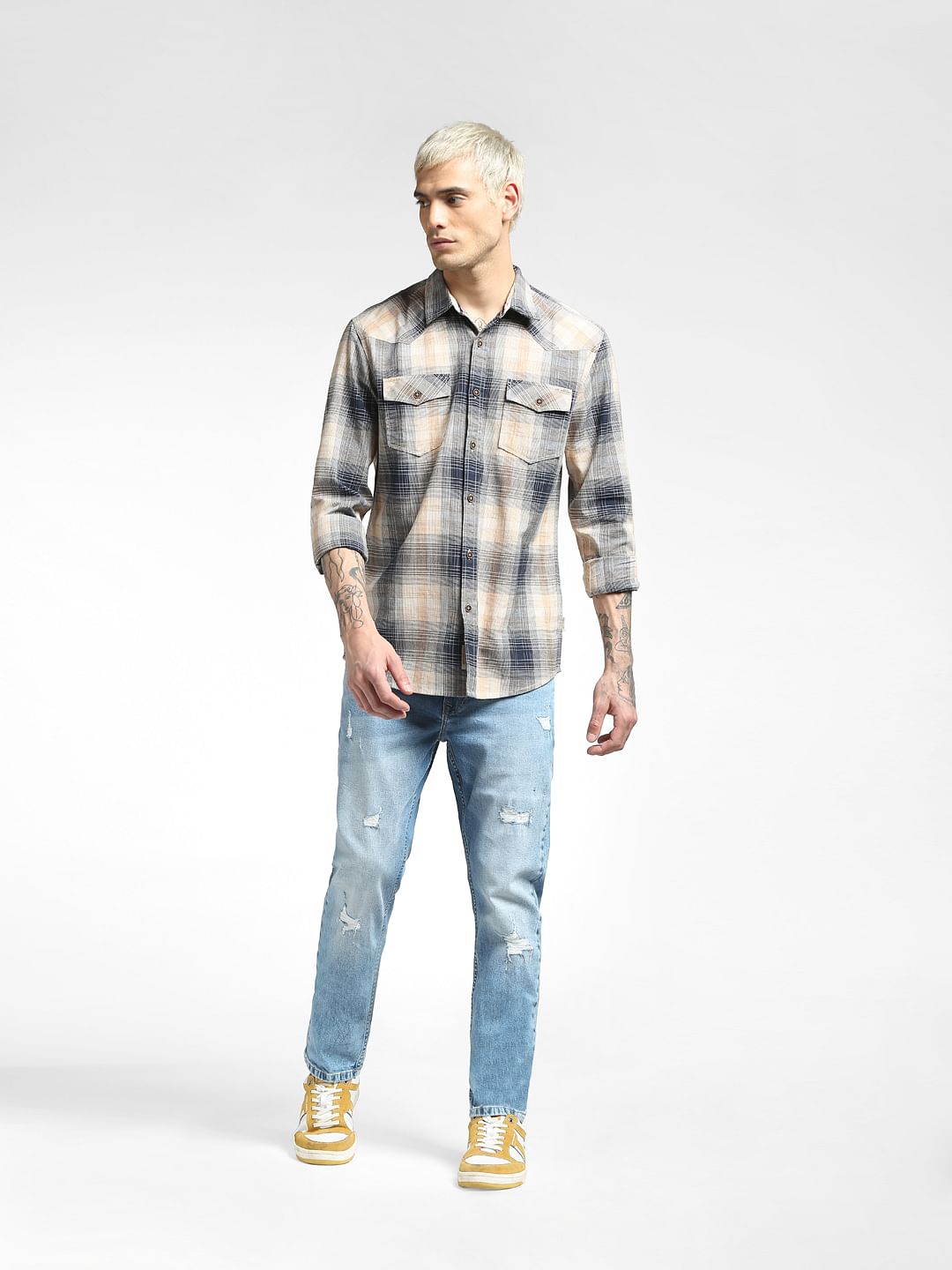 Beige Checked Full Sleeves Shirt