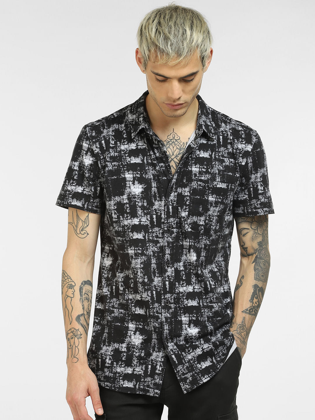 Black Abstract Print Half Sleeves Shirt
