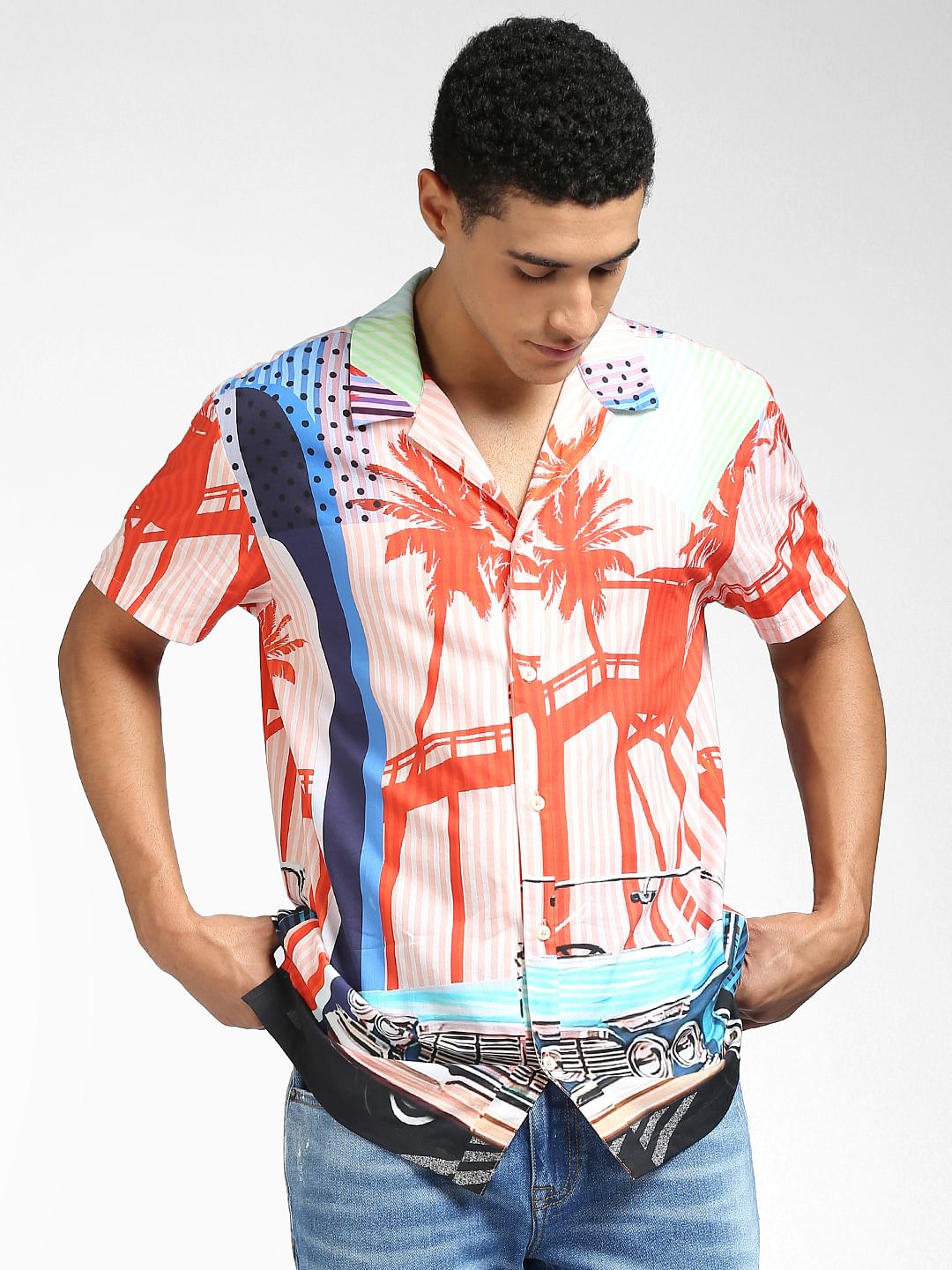 Peach Graphic Print Half Sleeves Shirt