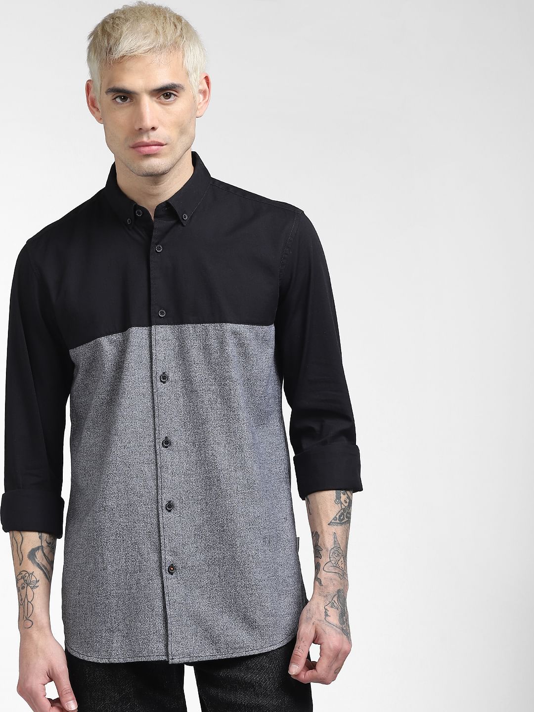 Black Colourblocked Full Sleeves Shirt