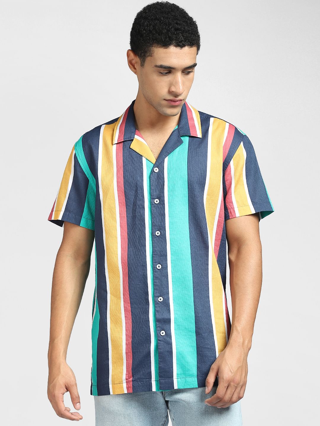 Turquoise Striped Half Sleeves Shirt