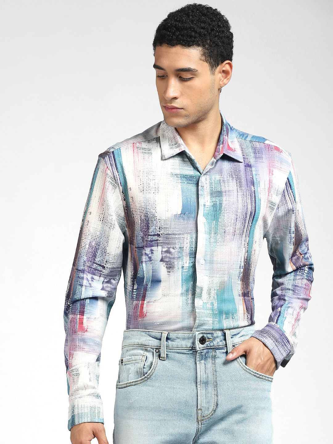 Turquoise Printed Full Sleeves Shirt