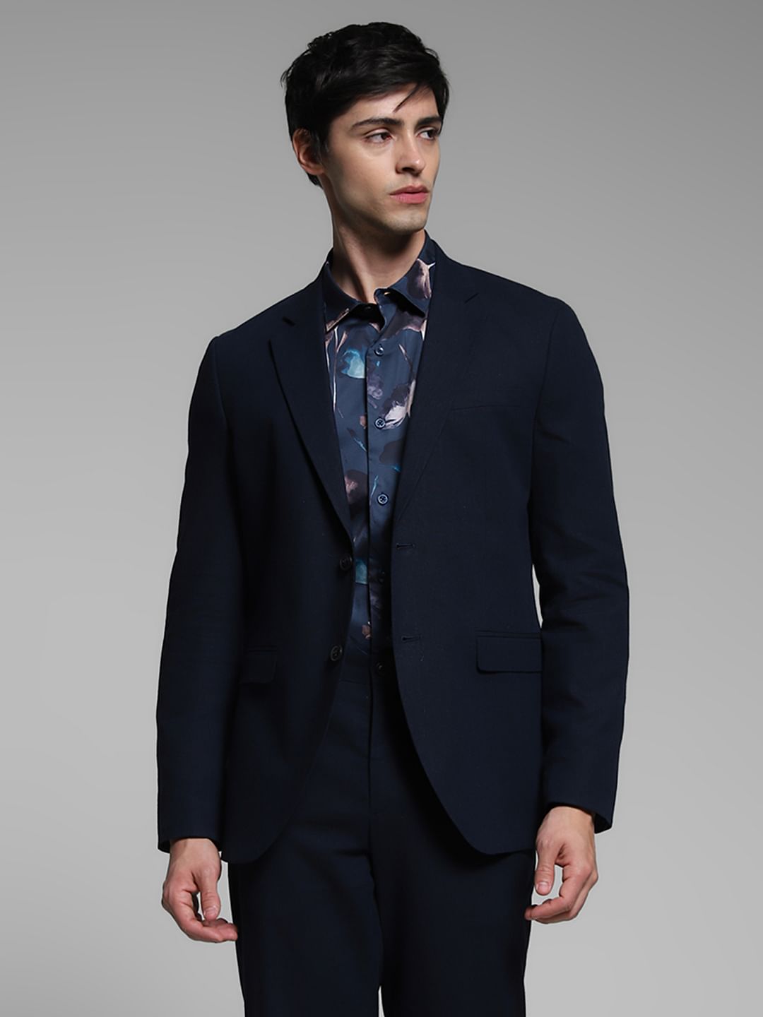 Dark Blue Slim Fit Linen Blazer