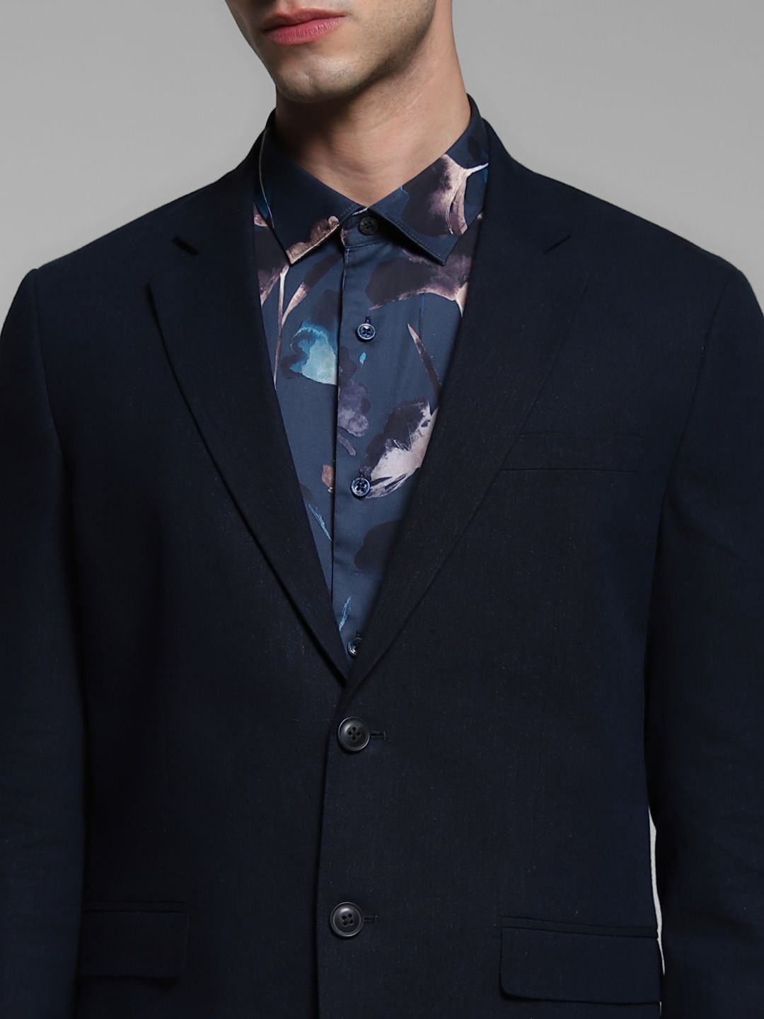 Dark Blue Slim Fit Linen Blazer