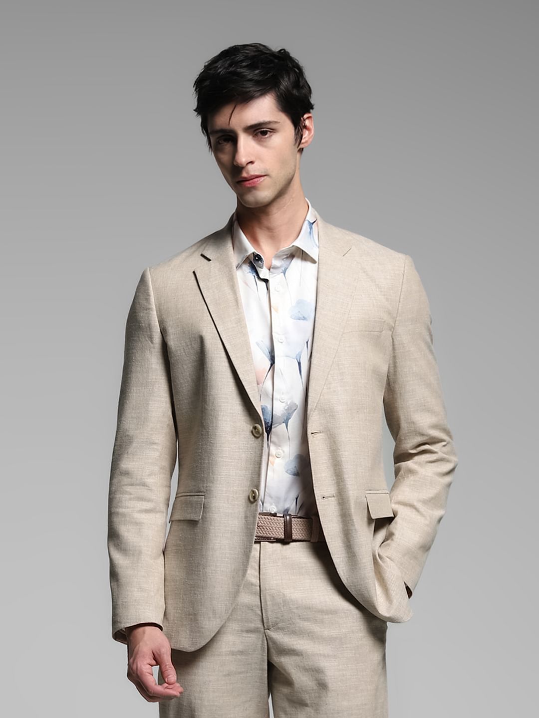 Beige Slim Fit Linen Blazer